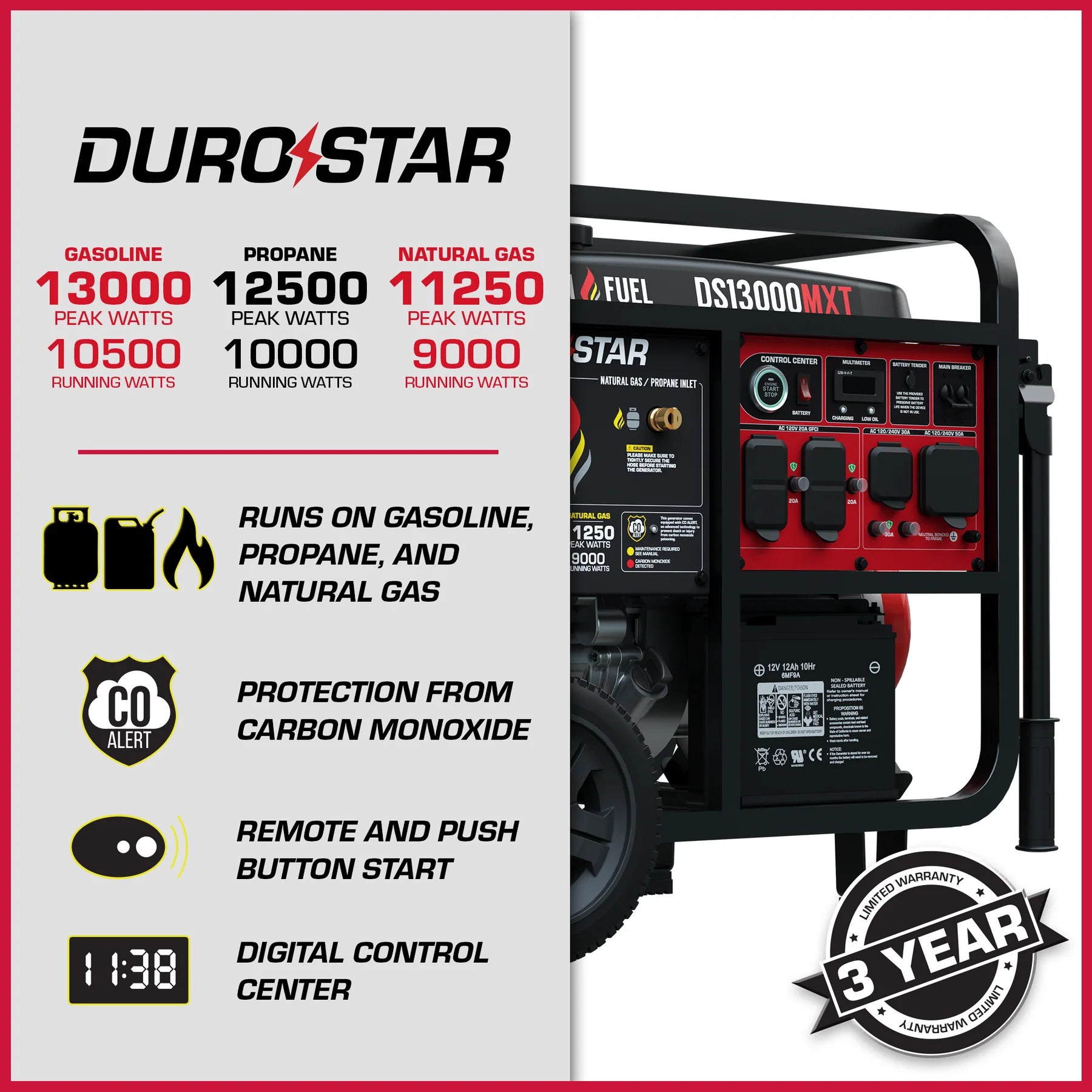 DuroStar DS13000MXT 10500W/13000W Portable Generator - Tri Fuel (Gas/Propane/Natural Gas) with 50 Amp Output, CO Alert & Remote Start - Ideal for Home Backup Power, Camping & Emergency Use