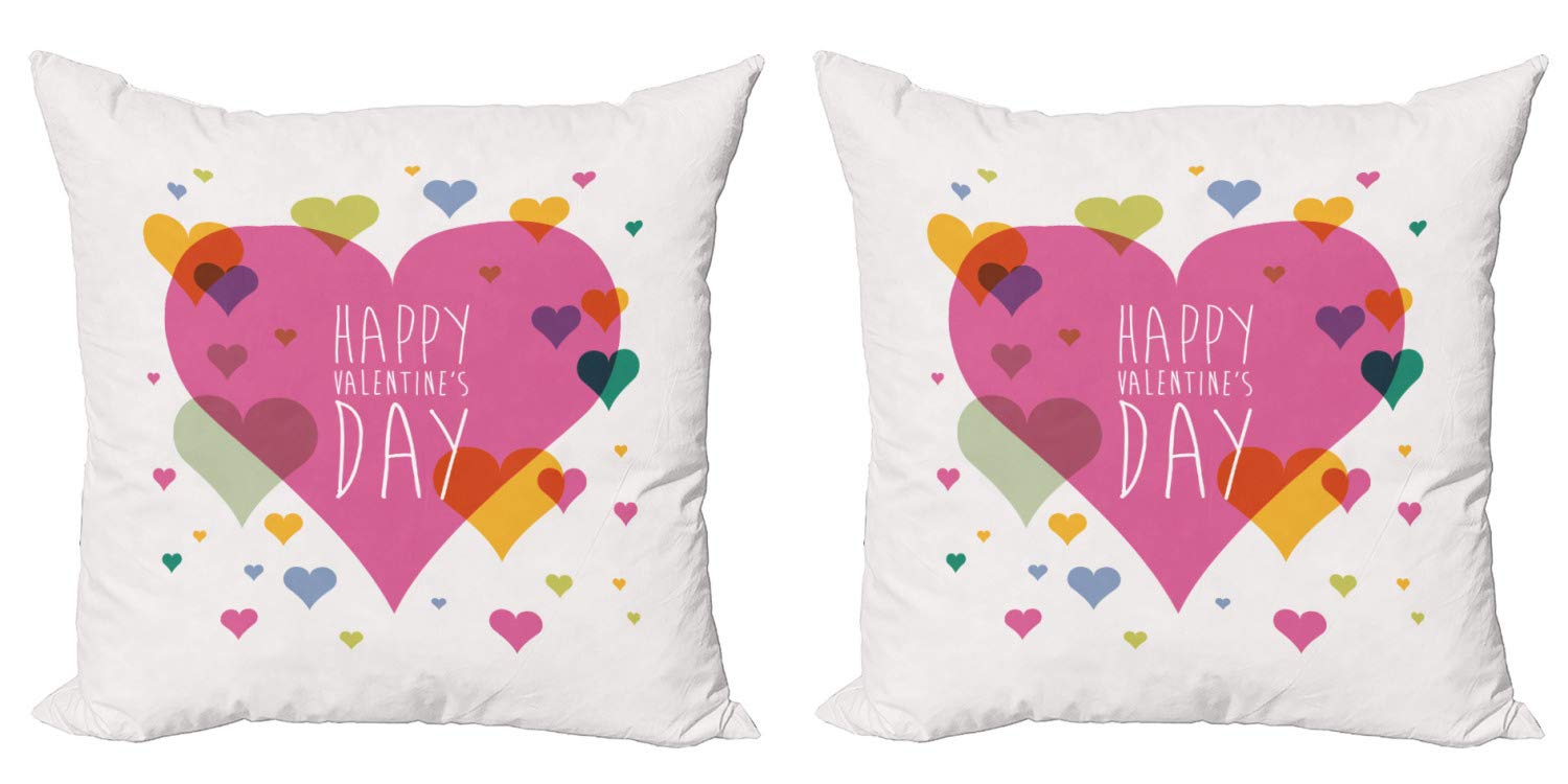 Ambesonne Valentine's Day Decorative Throw Pillow Covers Pack of 2 - Romantic Love Heart Abstract Design 18x18 Inch Multicolor - Perfect for Couples Gift, Sofa, Bedroom & Living Room Decor