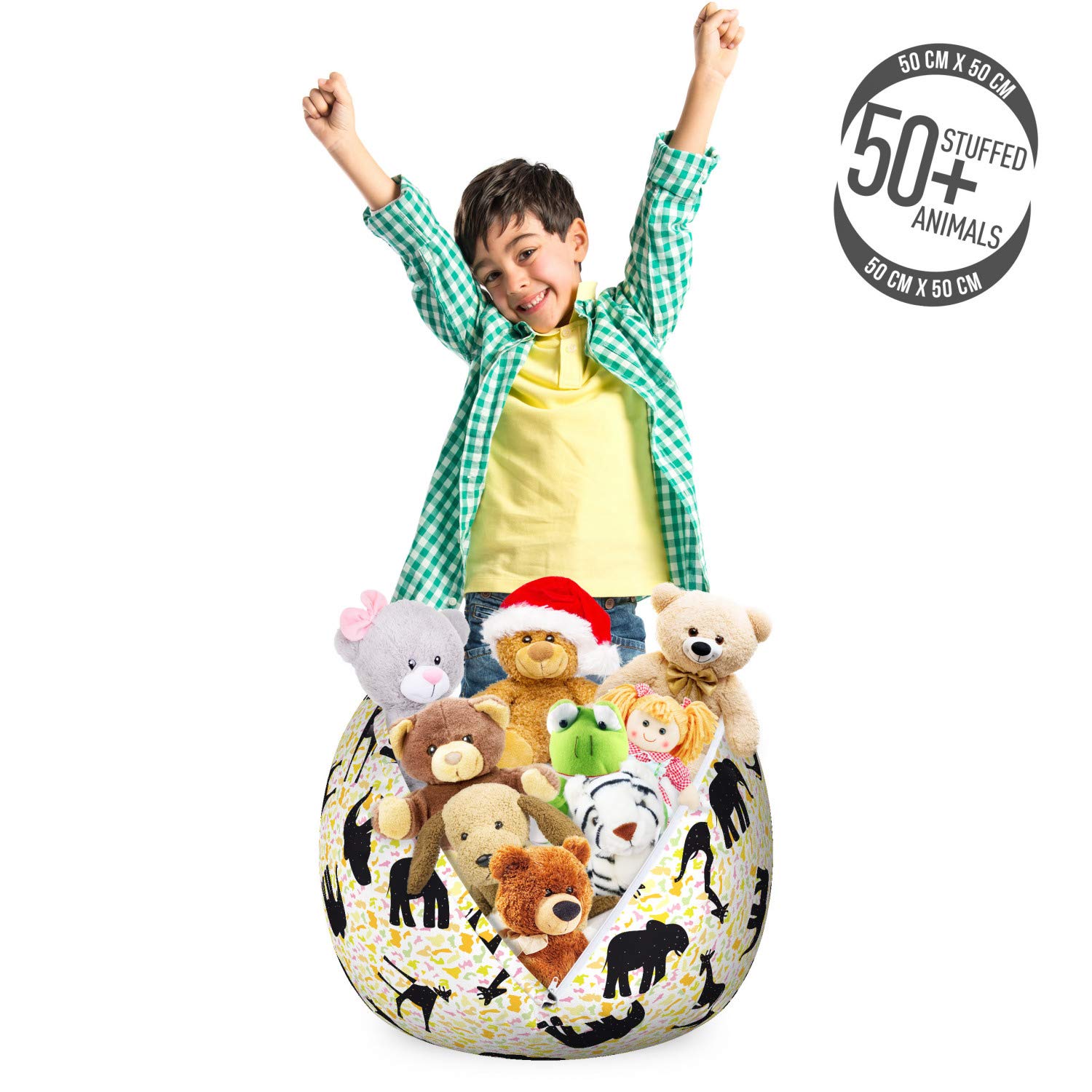 Ambesonne Giraffe Pattern Toy Storage Bag Chair - Cartoon Giraffes & Elephants Design on Spotty Background, Washable Stuffed Animal Organizer for Kids Room, Small Multicolor - Perfect for Nursery, Playroom & Bedroom Organization