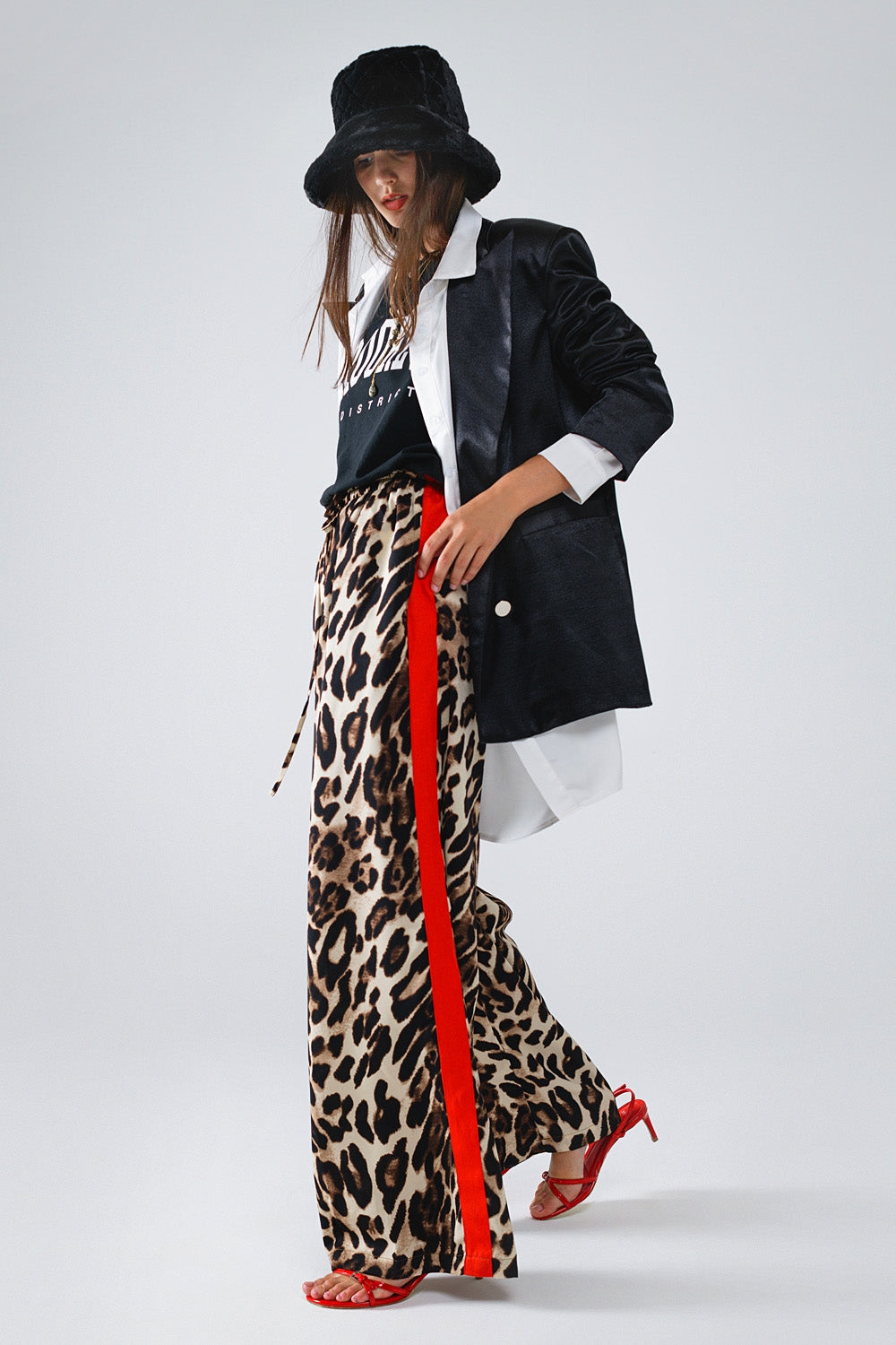 Leopard Print Straight Leg Pants with Red Side Stripes - Stylish Women's Casual Trousers for Work, Party & Everyday Wear