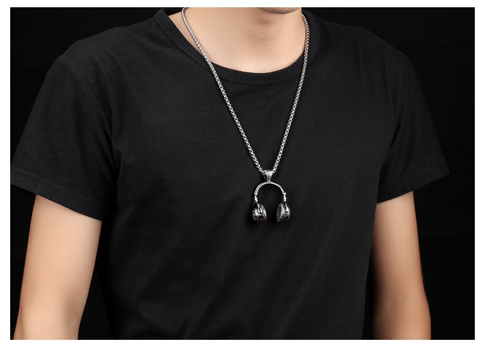 PAURO Men's Stainless Steel DJ Headphones Pendant Necklace - Gold, Black & Silver Options - Perfect for Music Lovers, Bikers and Fashion Accessories | Great Gift Idea for Birthdays & Holidays