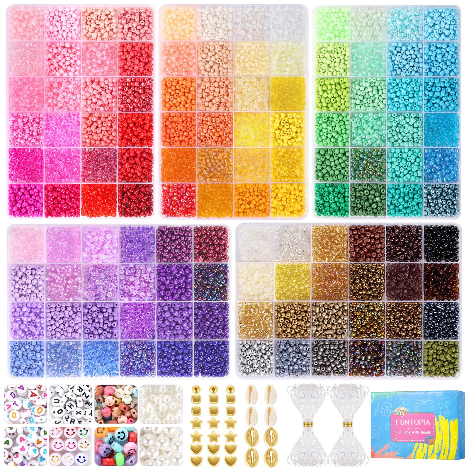 Funtopia 13000+ 4mm Glass Seed Beads for Jewelry Making - 120 Color Bead Kit with Alphabet Letters & Smiley Faces - DIY Bracelet, Friendship Bracelet, Necklace Making Supplies - Perfect for Crafts, Gifts & Kids Art Projects
