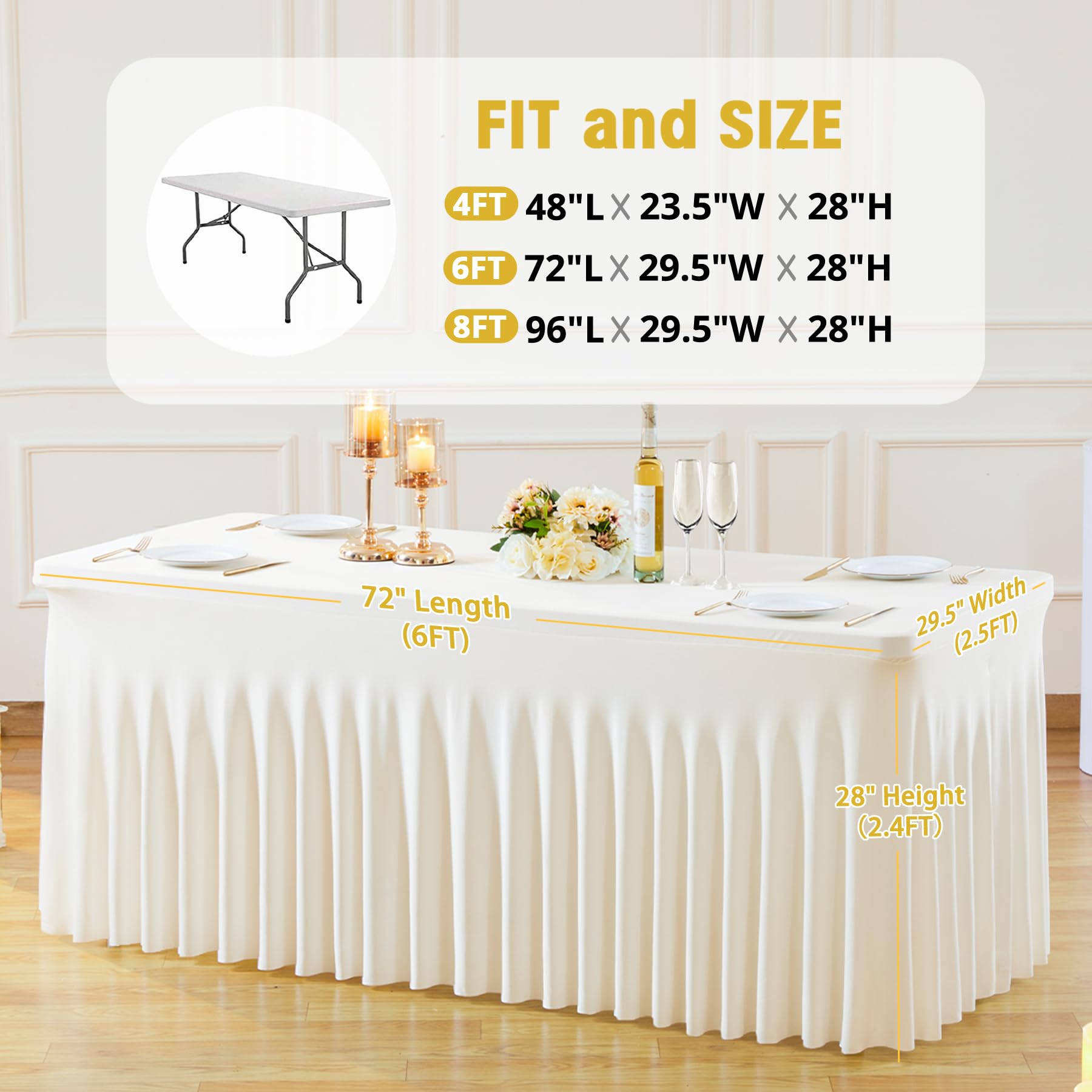 Besutolife 6ft Ivory Spandex Tablecloth - Stretchable Rectangle Table Cover with Skirt for Banquets, Weddings & Dining Tables - Perfect for Fall Decor & Special Events