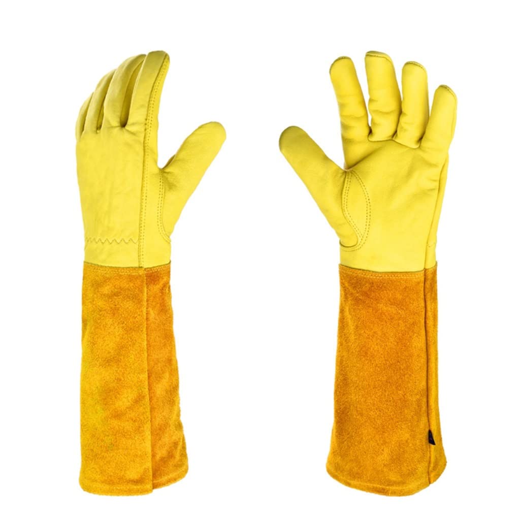 Breathable Leather Gauntlet Gloves for Men & Women - Rose Pruning, Gardening, Long Sleeve Protection - Ideal for Landscaping, Farming & Outdoor Work (Yellow, 40cm)