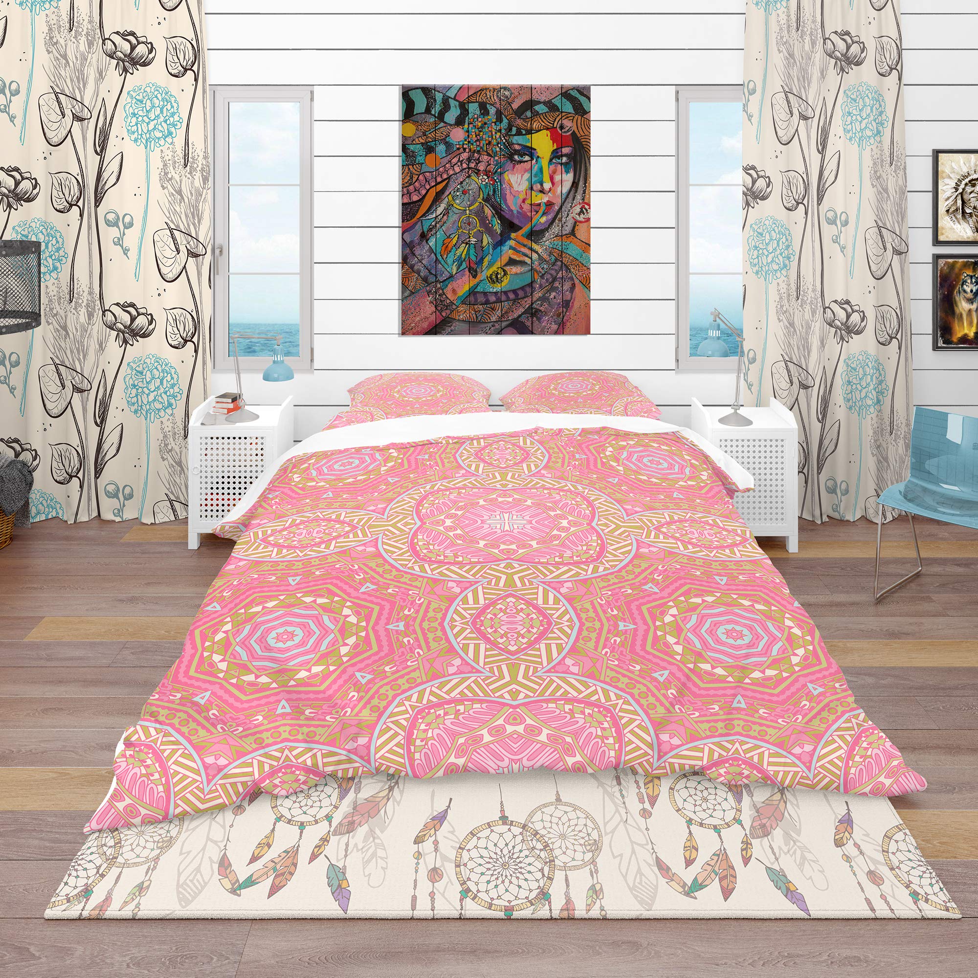 DesignQ 'Pink and Green Star Mandala' Bohemian & Eclectic Duvet Cover Set - Vibrant Printed Bedding for Boho Chic Bedroom Decor