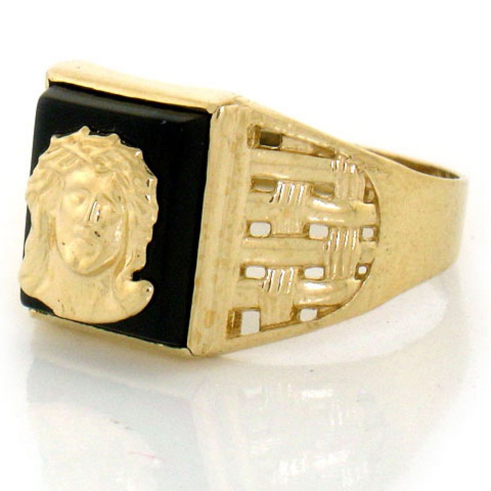 10K Yellow Gold Onyx Jesus Face Religious Men's Ring - Jewelry Liquidation - Perfect for Gifts, Church Events & Faith-Based Fashion