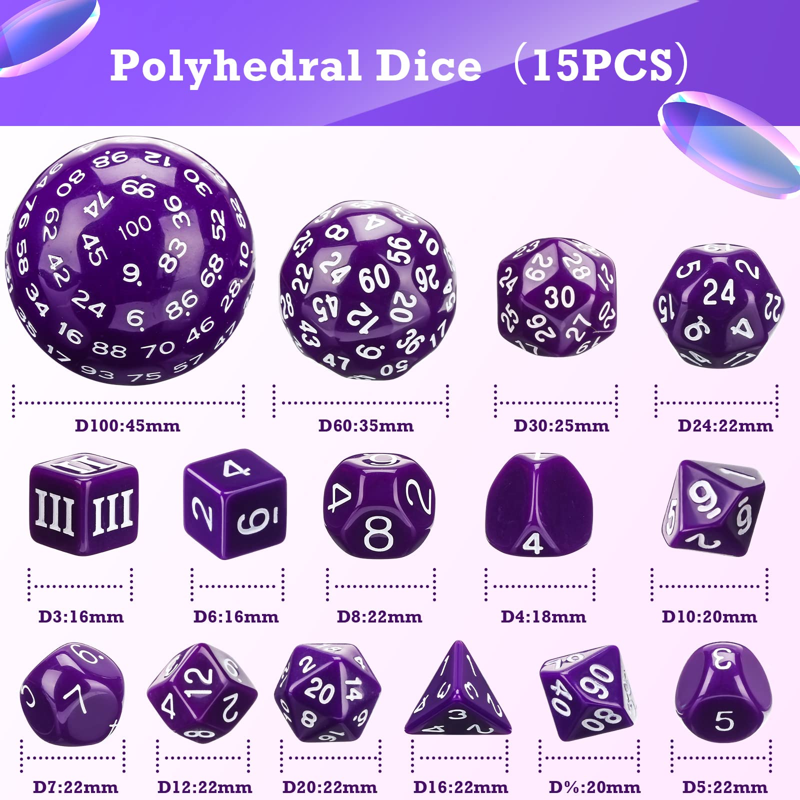 15-Piece Complete Polyhedral Dice Set D3-D100 | Opaque Black RPG Dice with 100-Sided Die | Perfect for Dungeons & Dragons, Pathfinder, and Tabletop Roleplaying Games | Includes Purple & White Accents