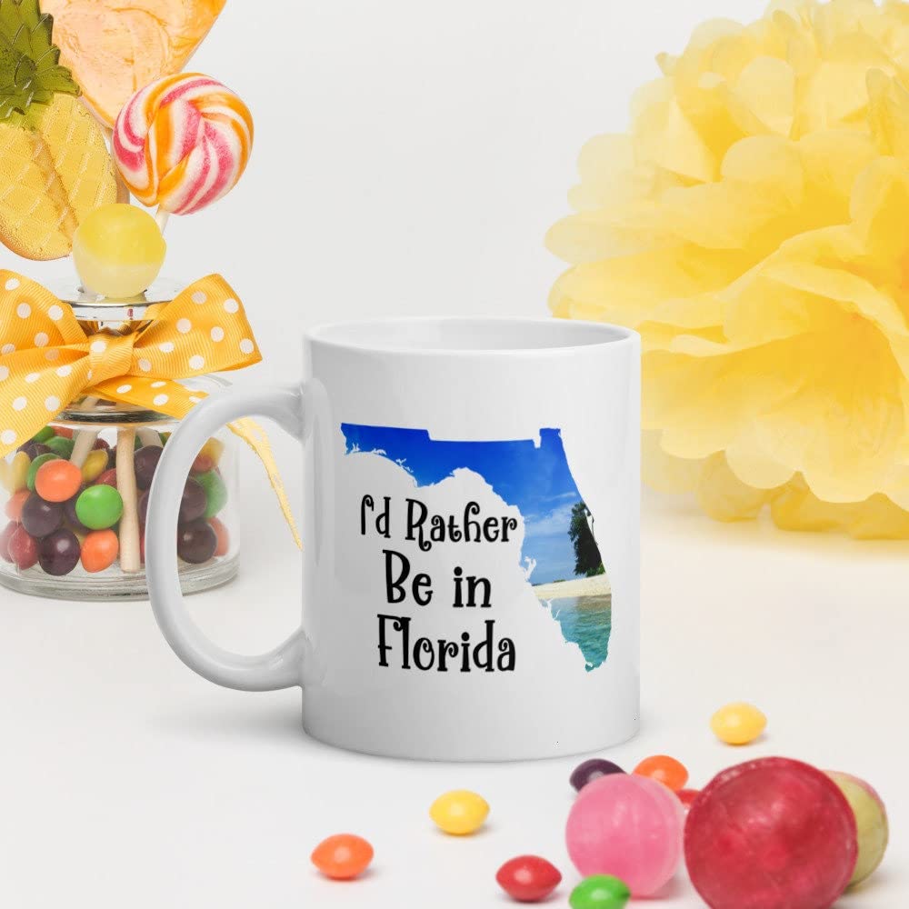 I'd Rather Be in Florida White Glossy Coffee Mug - 15oz Beach Summer Vacation Gift - Perfect for Coffee, Tea & Hot Drinks at Home, Office or Beach Trips