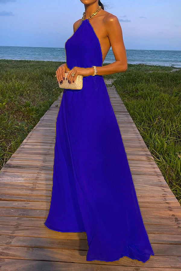 Santorini Vacation Maxi Dress - Backless A-Line Halter Dress with Metal Chain Detail | Perfect for Beach Weddings, Summer Getaways & Boho Fashion
