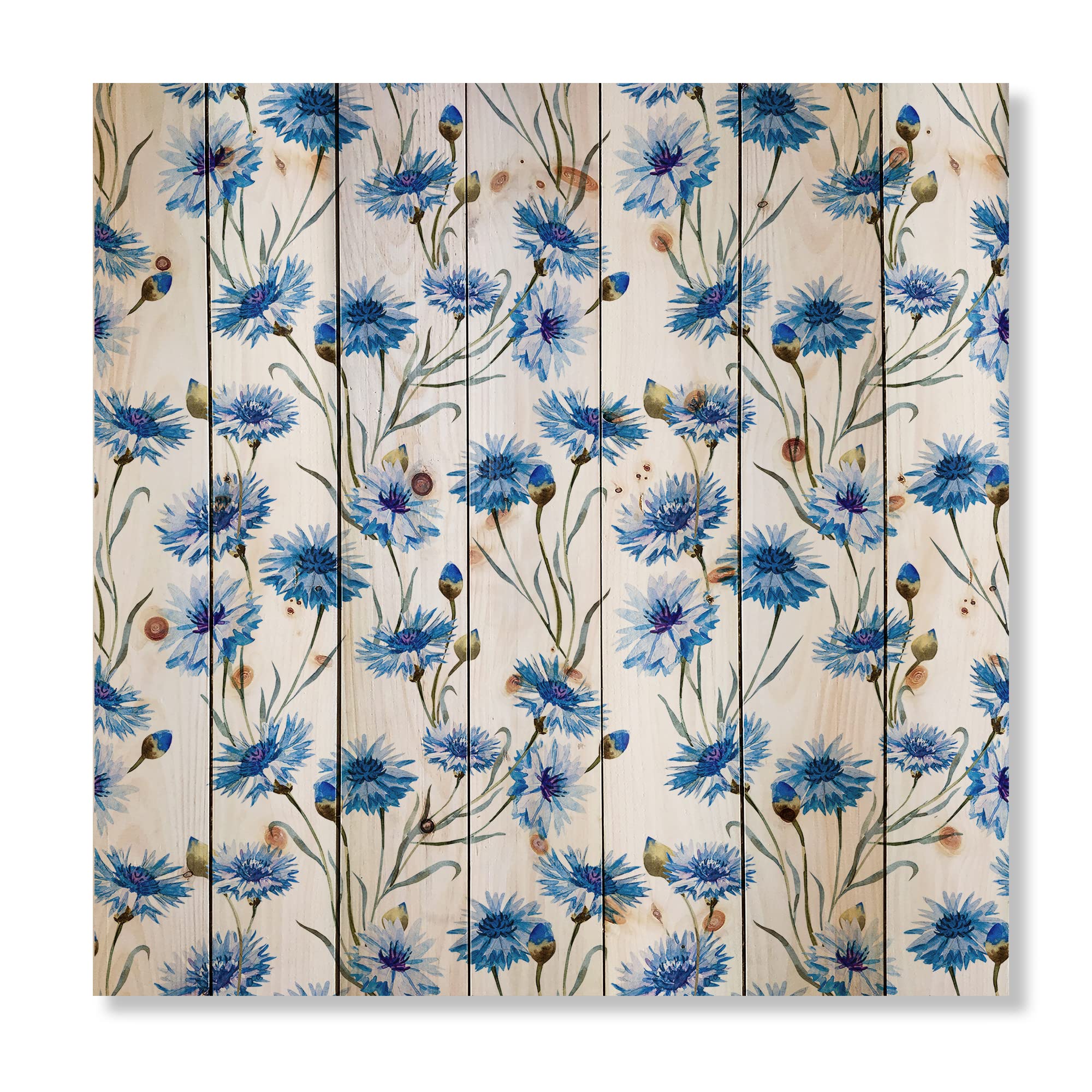 Blue Cornflowers with Green Leaves Traditional Wood Wall Decor - Large Floral Pine Wood Art Panel for Living Room, Bedroom & Office Decoration