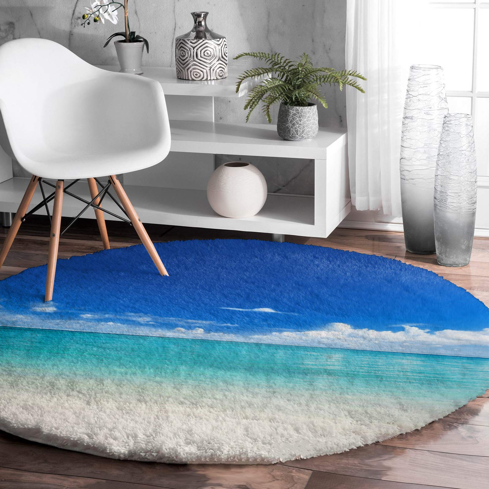 Soft Fluffy Round Area Rug 3ft - Plush Shaggy Non-Slip Circular Carpet for Living Room, Bedroom, Nursery - Coastal Beach Decor in Blue Sky & Green Water - Perfect for Cozy Home Accent, Kids Play Area & Relaxing Spaces