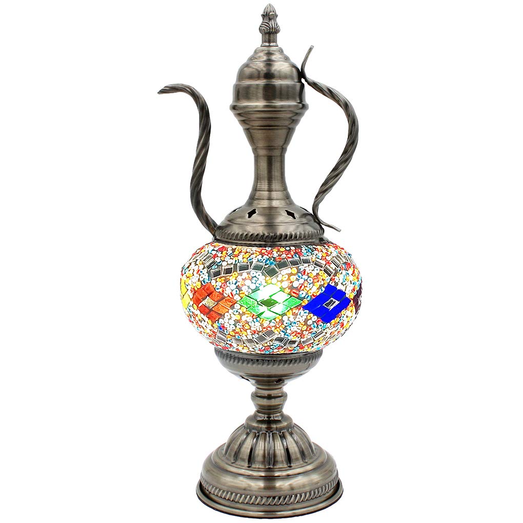 Silverfever Mosaic Turkish Teapot Lamp with Moroccan Glass & Bronze Base - E12 Bulb Included - Perfect for Table, Desk, Bedside & Boho Home Decor (Wave Natural Pattern)