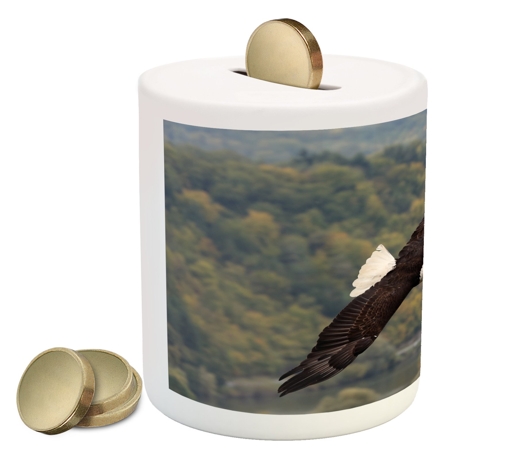 Ambesonne Eagle Ceramic Piggy Bank - King of Skies Flying Over Forest & Mountains - Money Saving Coin Bank for Cash & Coins (Green, Dark Brown, White) - Perfect Gift for Kids, Collectors & Home Decor