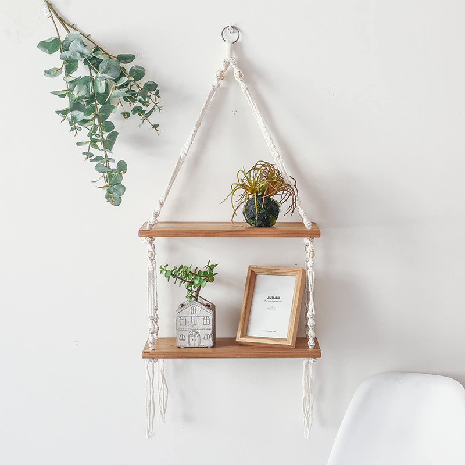 2 Tier Hanging Rope Shelves - Rustic Wooden Floating Wall Shelf for Plants, Flowers & Decor - Perfect for Living Room, Bedroom, Window & Terrace Display