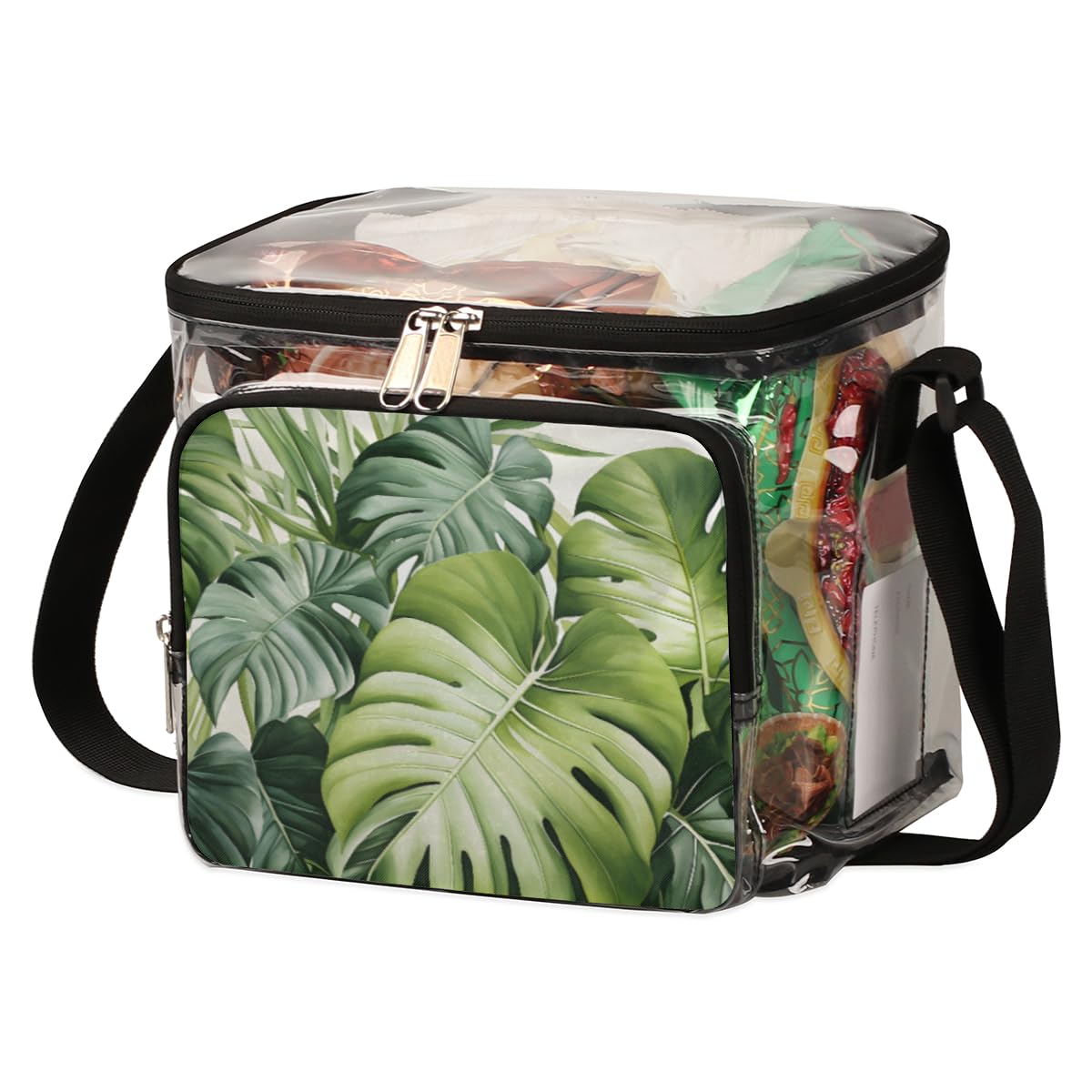 GzLeyigou Clear Tote Bag with Tropical Palm Leaves Design - Transparent Crossbody Shoulder Bag for Women, Lunch Bag for Outdoor, Travel, Picnic, Concerts & Sports Events (Stadium Approved) - Perfect for Beach Vacation, Music Festivals and Shopping