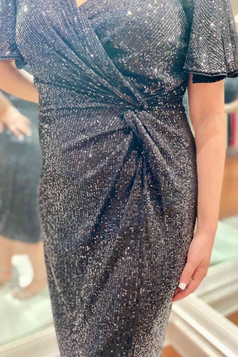 Elegant Black Sequin Midi Mother of the Bride Dress with Ruched Detailing - Perfect for Weddings, Parties & Special Occasions