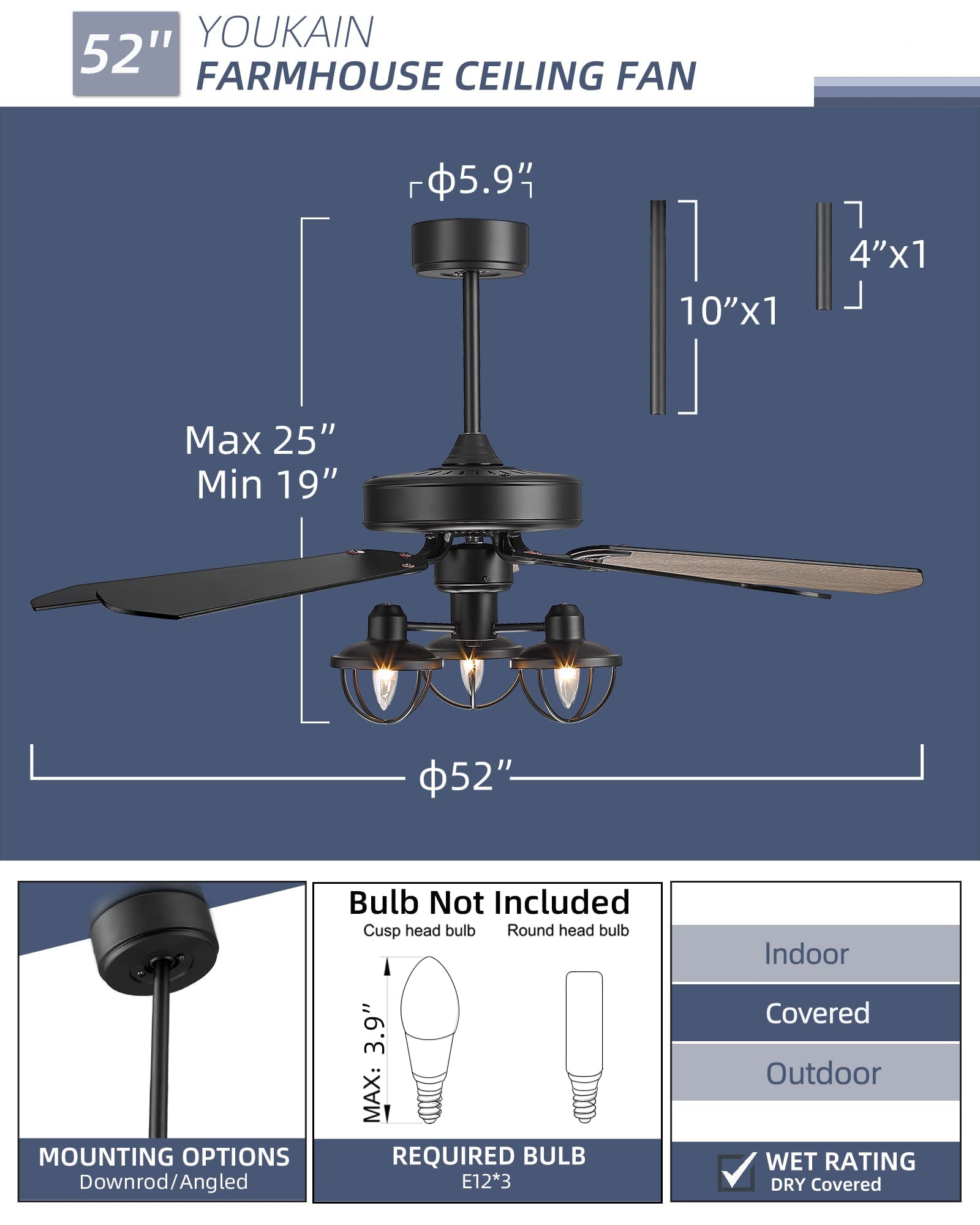 YOUKAIN 52-YJ632 & 52-YJ631 Ceiling Fan Set of 2 - 52 Inch Matching Bundle with Lights - Modern Indoor Ceiling Fans for Living Room, Bedroom, and Office - Energy Efficient & Quiet Operation