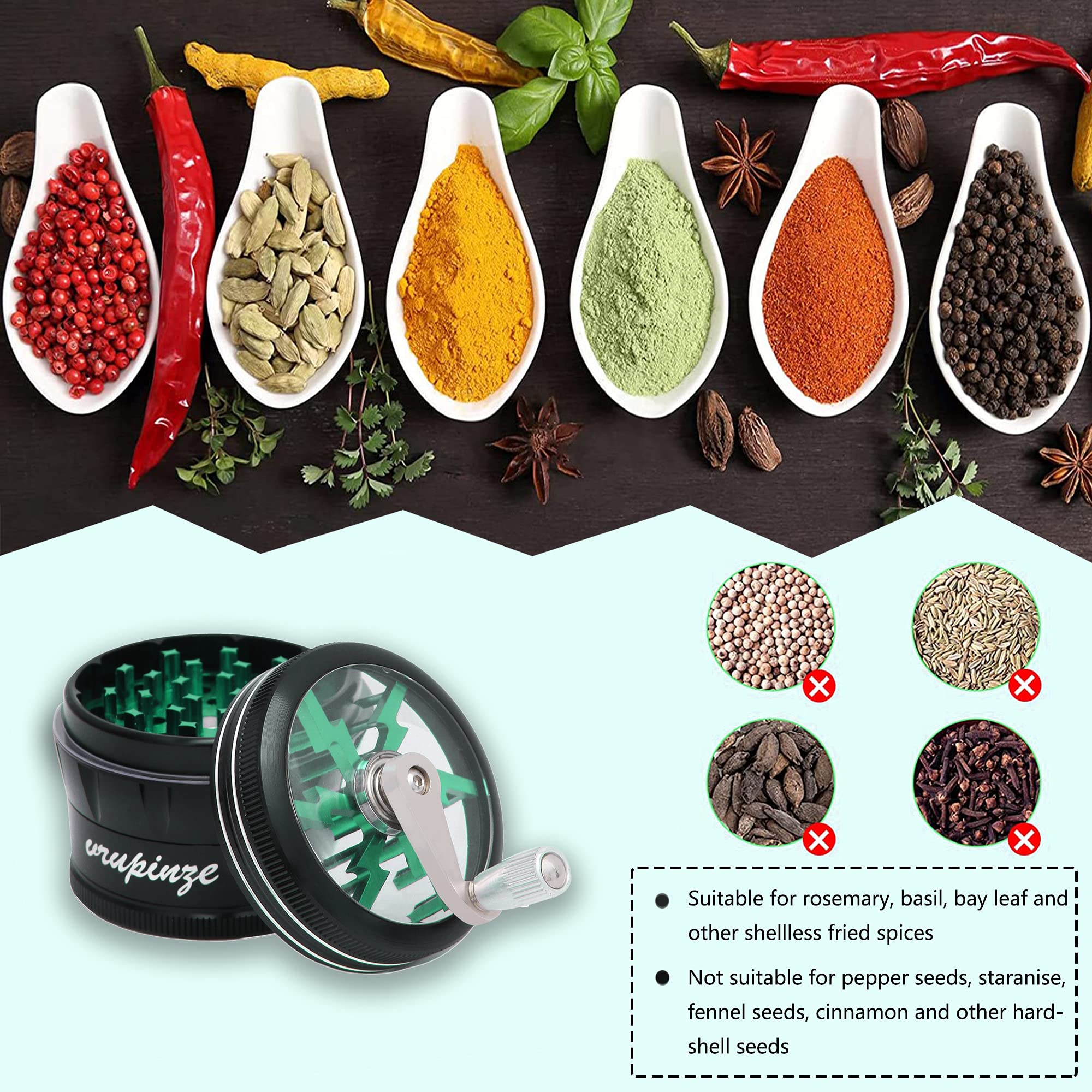 2.5 Inch Herb Grinder with Ergonomic Handle - Large Spice Grinder for Kitchen, Black & Green - Perfect for Grinding Herbs, Spices, and Seasonings