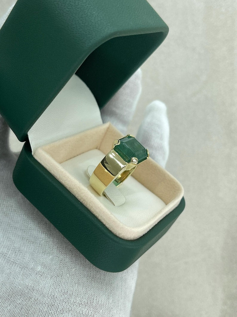 10.04ct Emerald Cut Solitaire Ring for Men - 14K Gold Wide Band Unisex Pinky Ring - Perfect for Weddings, Engagements & Special Occasions