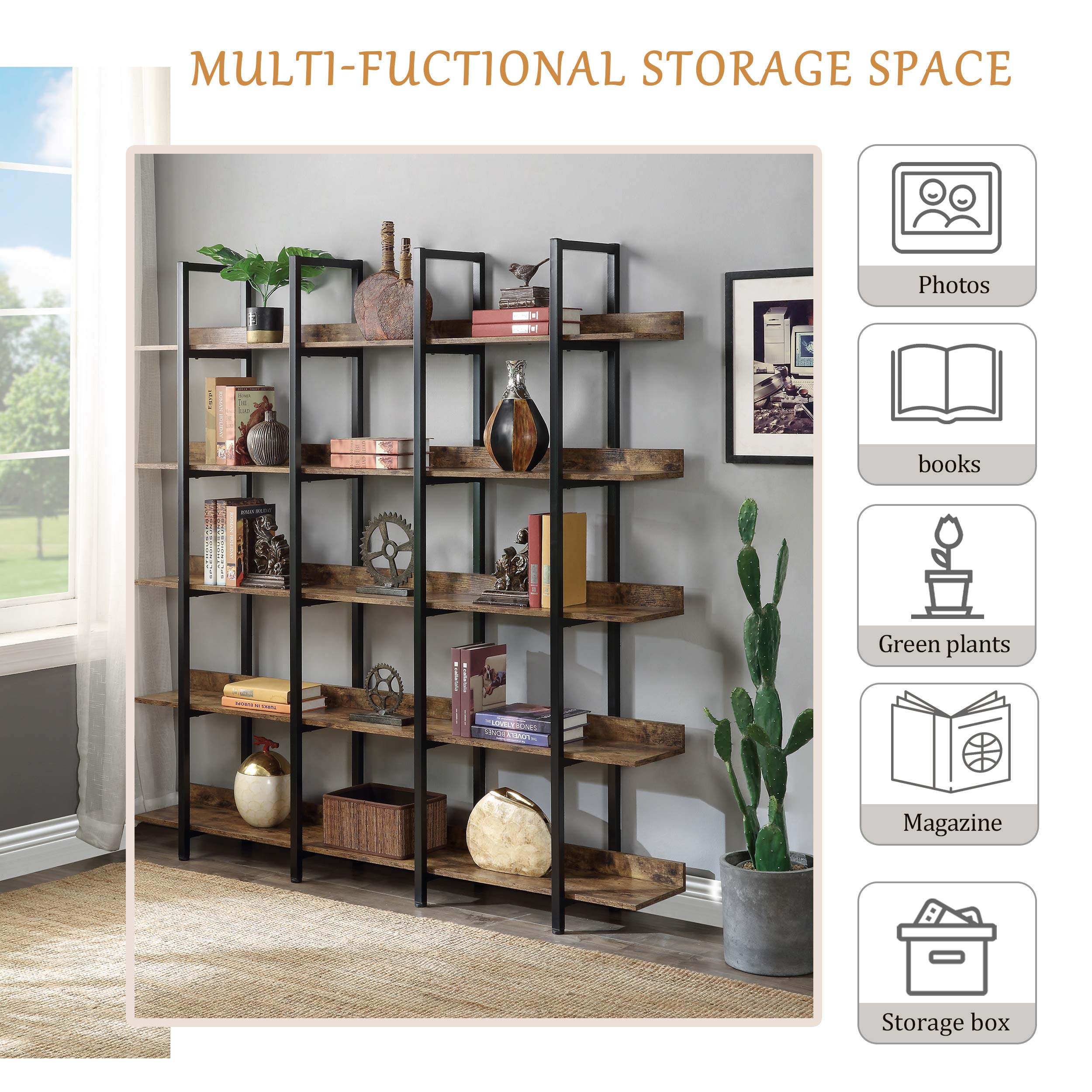 5-Tier Industrial Bookshelf - Sturdy Metal Frame Storage Organizer for Home Office, Living Room & Bedroom - Brown Wooden Bookcase for Books, Decor & Display