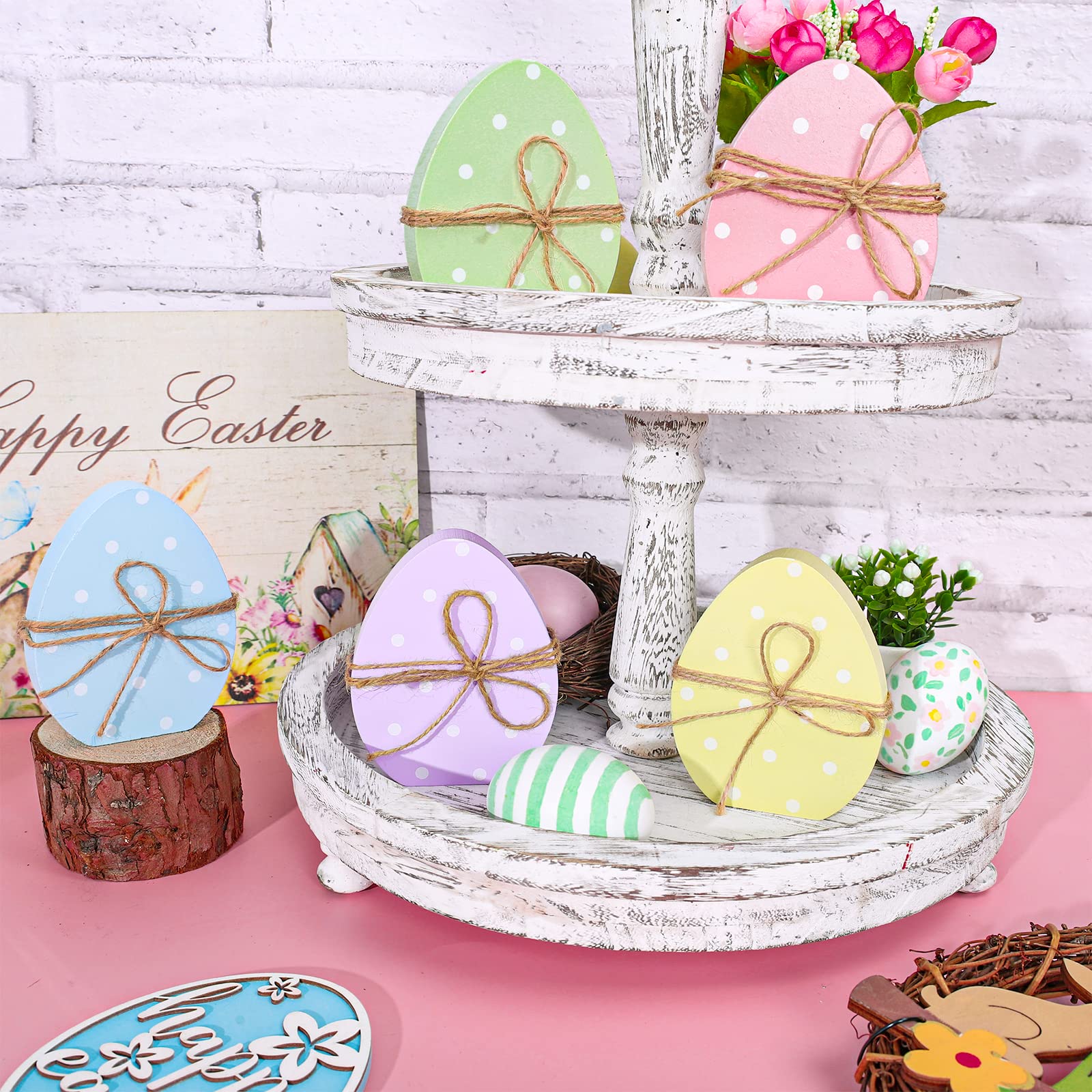 Whaline 5Pcs Easter Wooden Egg Decor - Polka Dot Table Centerpieces, Spring Easter Standing Egg Signs for Tiered Tray & Home Party Decor - Perfect for Easter Tablescapes, Spring Home Decor & Holiday Celebrations