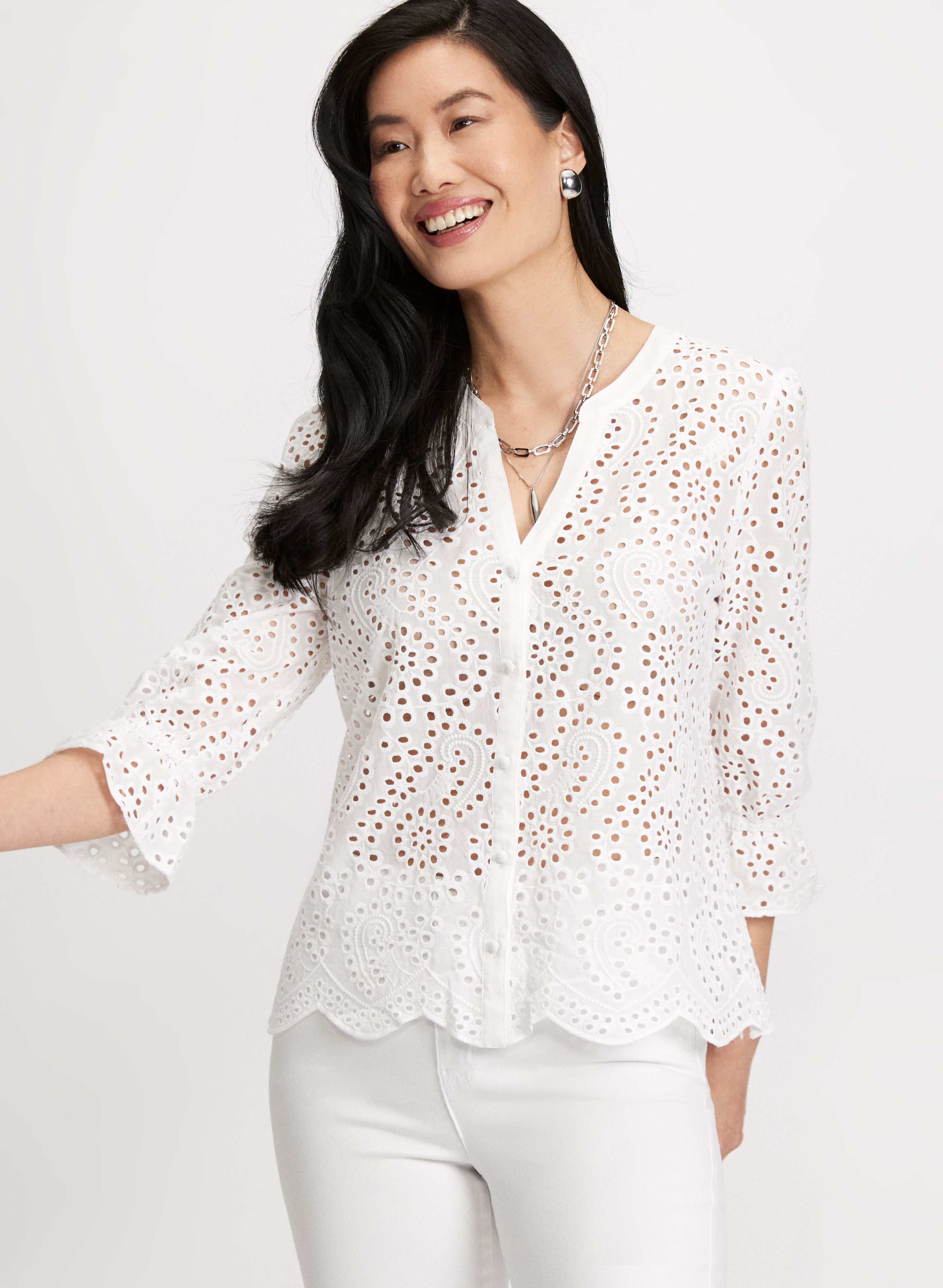 Elegant Eyelet Button Down Blouse for Women - Breathable Summer Office & Casual Wear - Perfect for Work, Dates & Outdoor Events