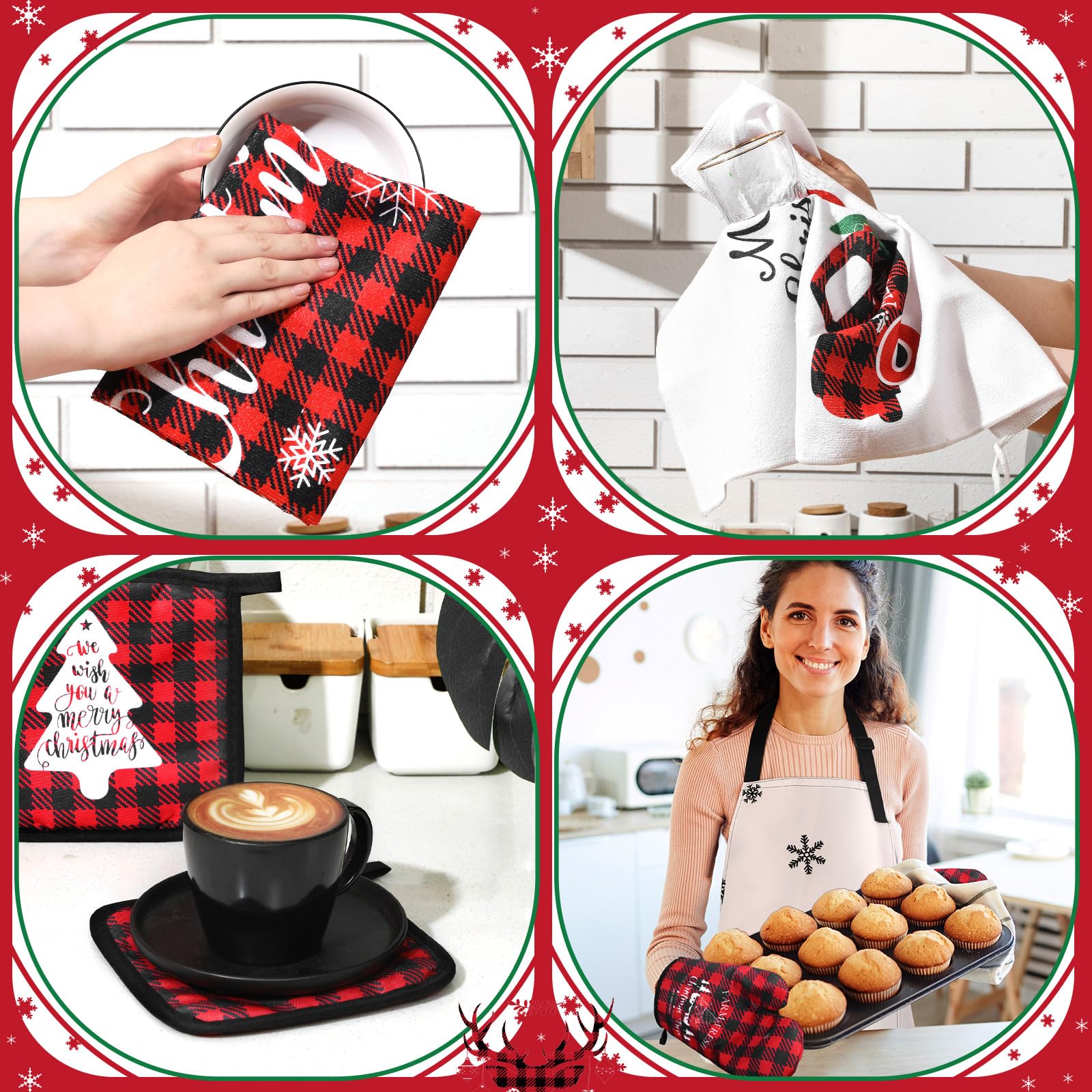 Geetery 10-Piece Christmas Kitchen Towel Set with Oven Mitt, Pot Holder & Apron - Festive Cotton Tree Design for Holiday Cooking & Baking (Red & Black Plaid) - Perfect for Christmas Dinner Prep, Baking Gifts & Festive Home Decor