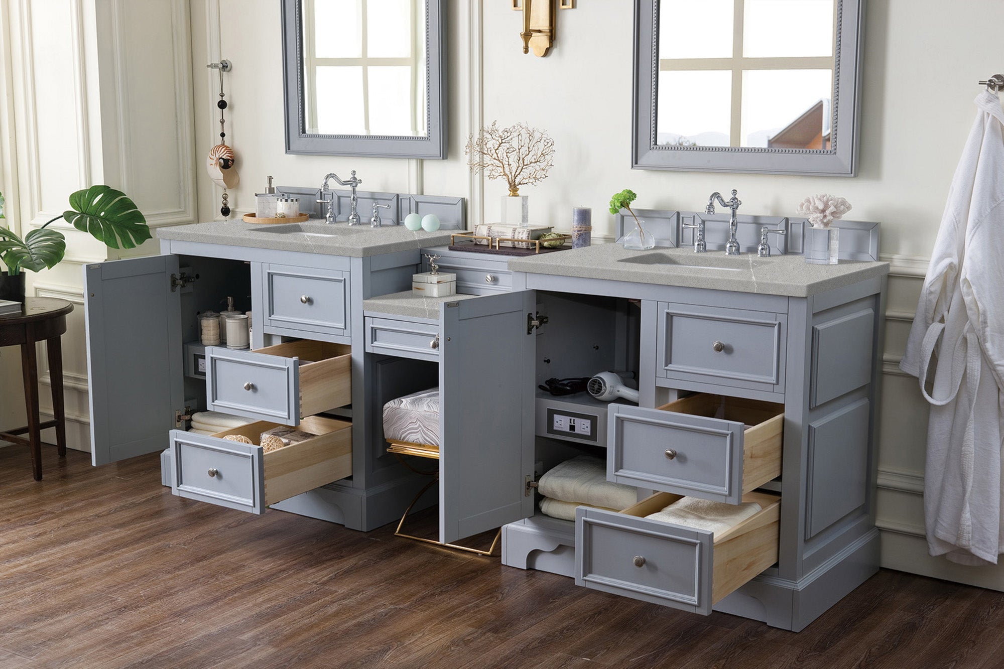 De Soto 94 Double Vanity Set with Makeup Table - Silver Gray Finish & 3CM Eternal Serena Quartz Top | Modern Bathroom Vanity for Master Suite, Guest Bathroom & Luxury Home Renovation