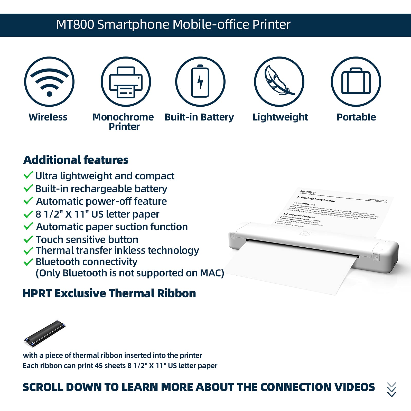 HPRT MT800 Wireless Portable Thermal Printer - Bluetooth Compatible with Laptop, iPhone & Android, Supports 8.5x11