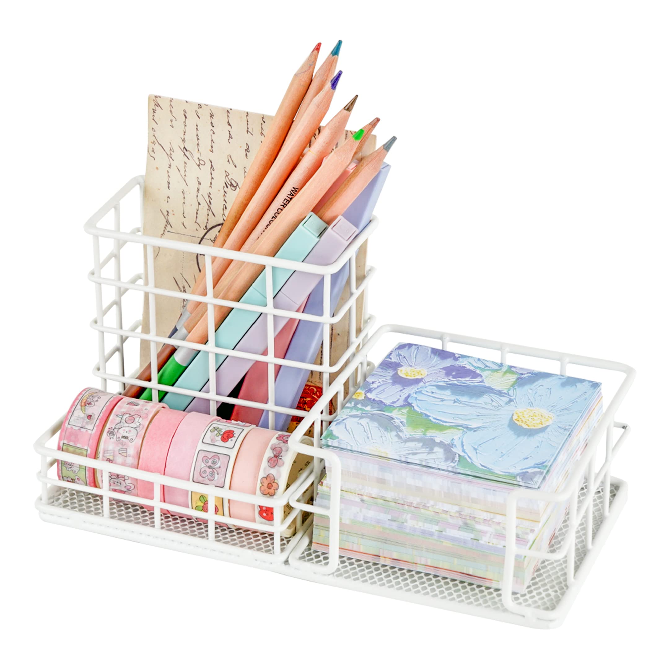 Stylish Mesh Pen & Pencil Holder with Sticky Notes Organizer - White Office Desk Caddy for Home, School & Workspace | Perfect Desk Organizer for Students, Professionals & Remote Workers