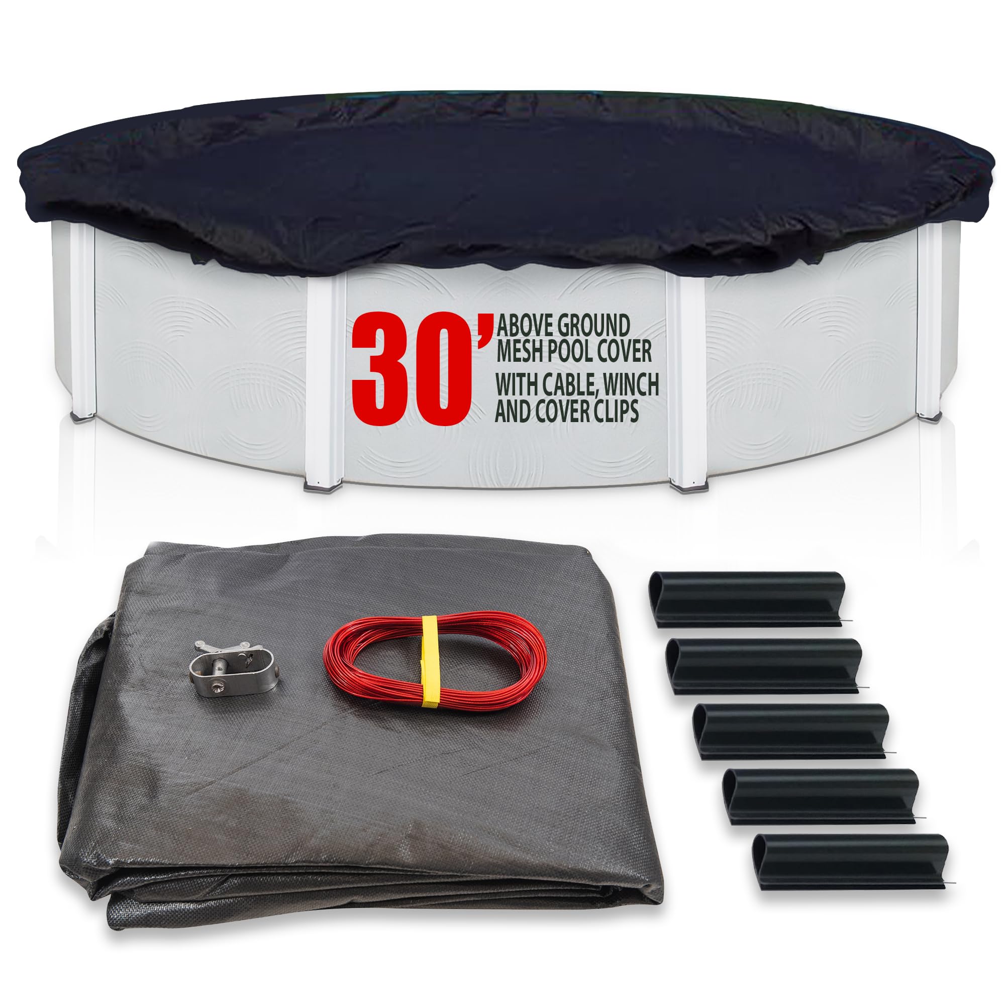 SET SunSolar Energy Technologies - 30ft Round Above Ground Winter Pool Cover with Sturdy Cable & Winch - Heavy Duty Mesh Swimming Pool Cover for Freeze Protection - Includes Cover Clips - 8 Year Warranty - Perfect for Winterizing and Protecting Your Pool from Debris, Leaves, and Snow