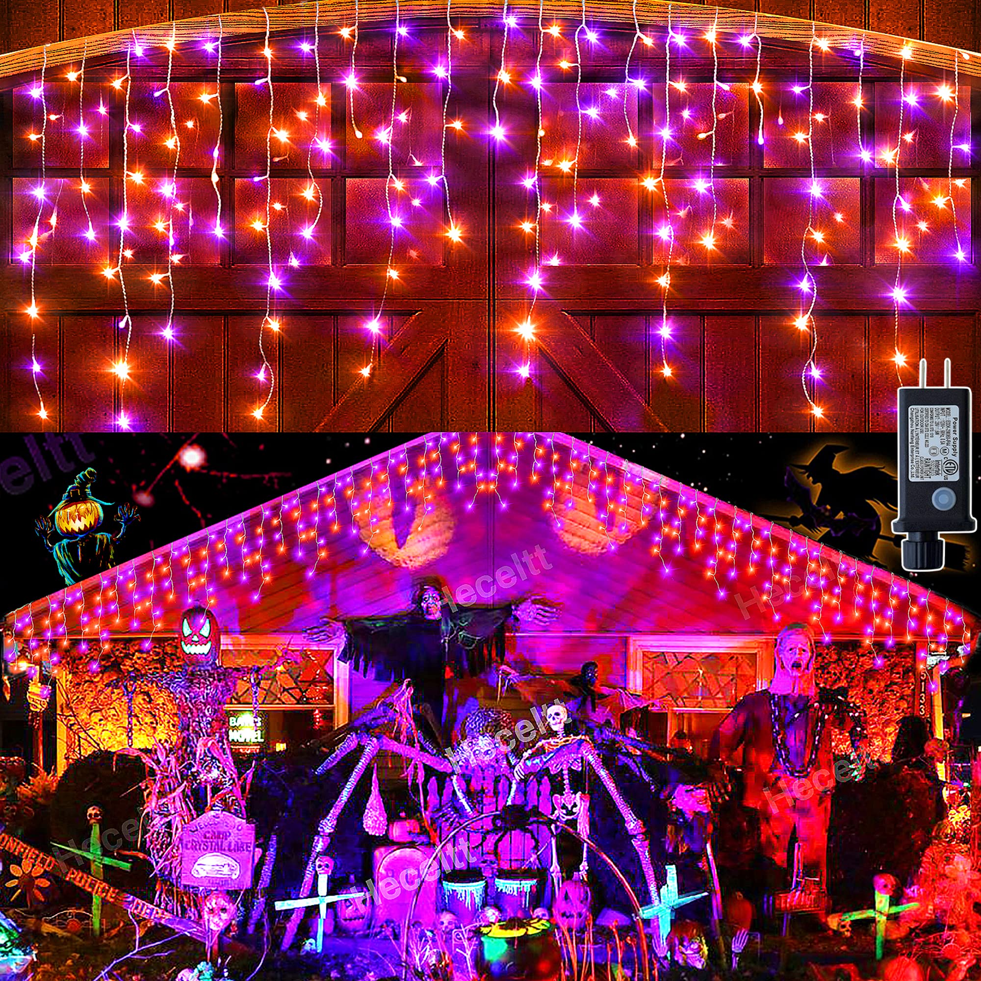 450 LED 39ft Halloween Christmas Outdoor String Lights - Orange & Purple Ice Lights with Clear Wire, 8 Lighting Modes, Timer & Memory Function - Perfect for House Roof, Party, Garden, and Holiday Decorations