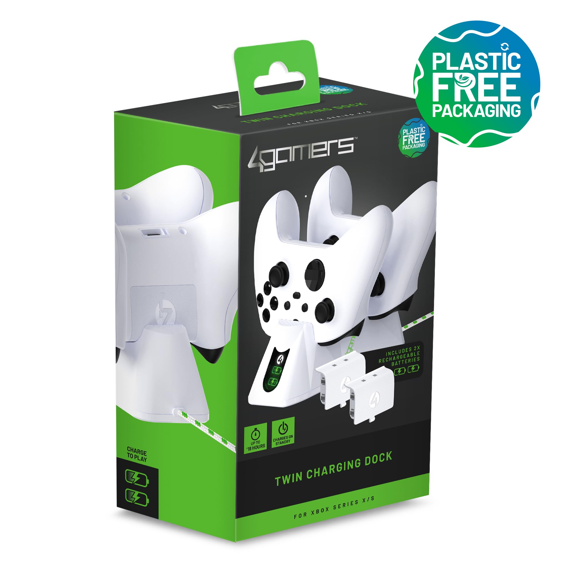 4Gamers Sx-C100 X Twin Charging Dock for Xbox Series X/S - White with 2 Rechargeable Batteries | Fast Charging Station | Gaming Accessories for Xbox Controllers | Perfect for Multiplayer Gaming Sessions