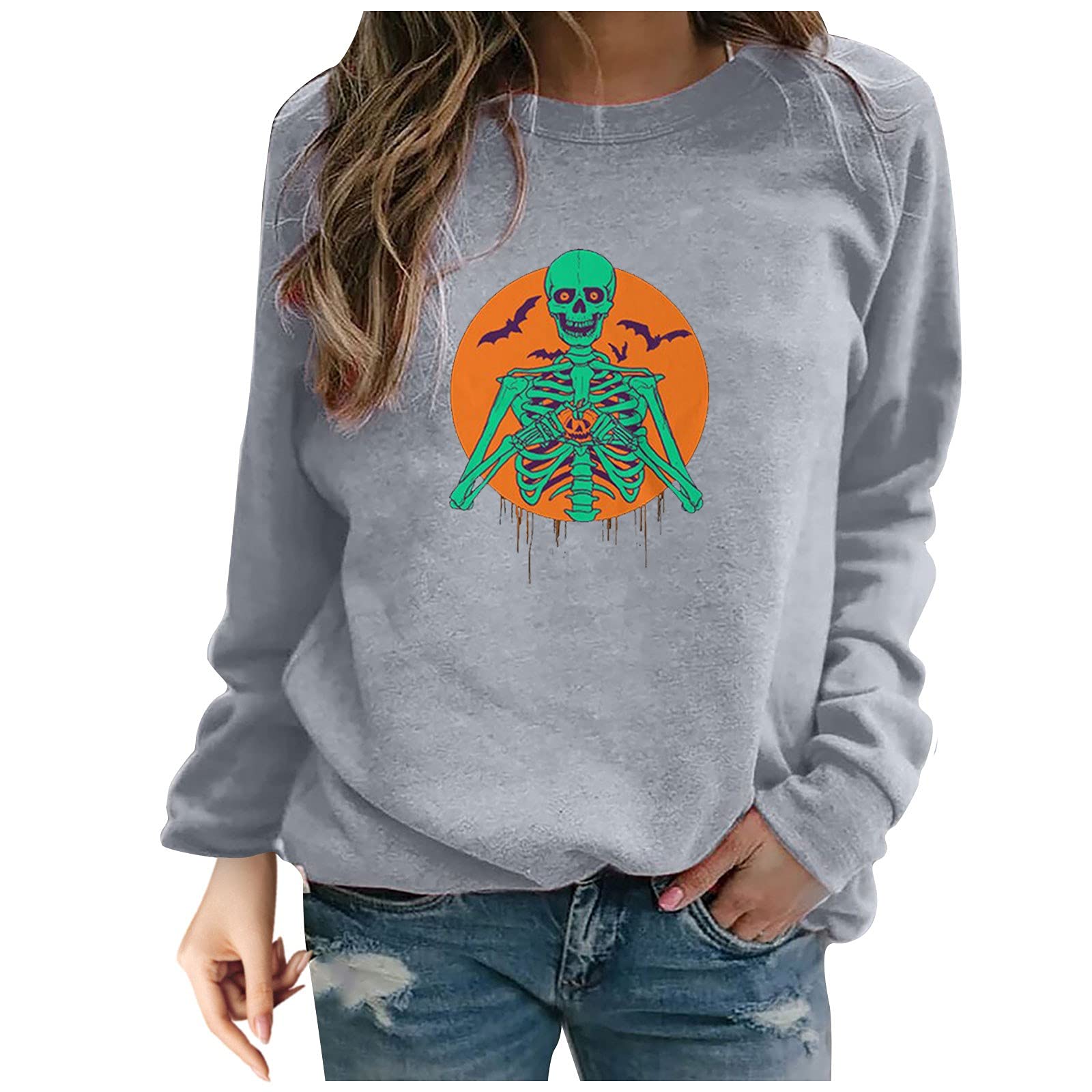 HAOREEKZ Women's Halloween Sweatshirt - Loose Fit Printed Round Neck Long Sleeve Blouse Top | Cute Halloween Costume & Party Outfit for Women