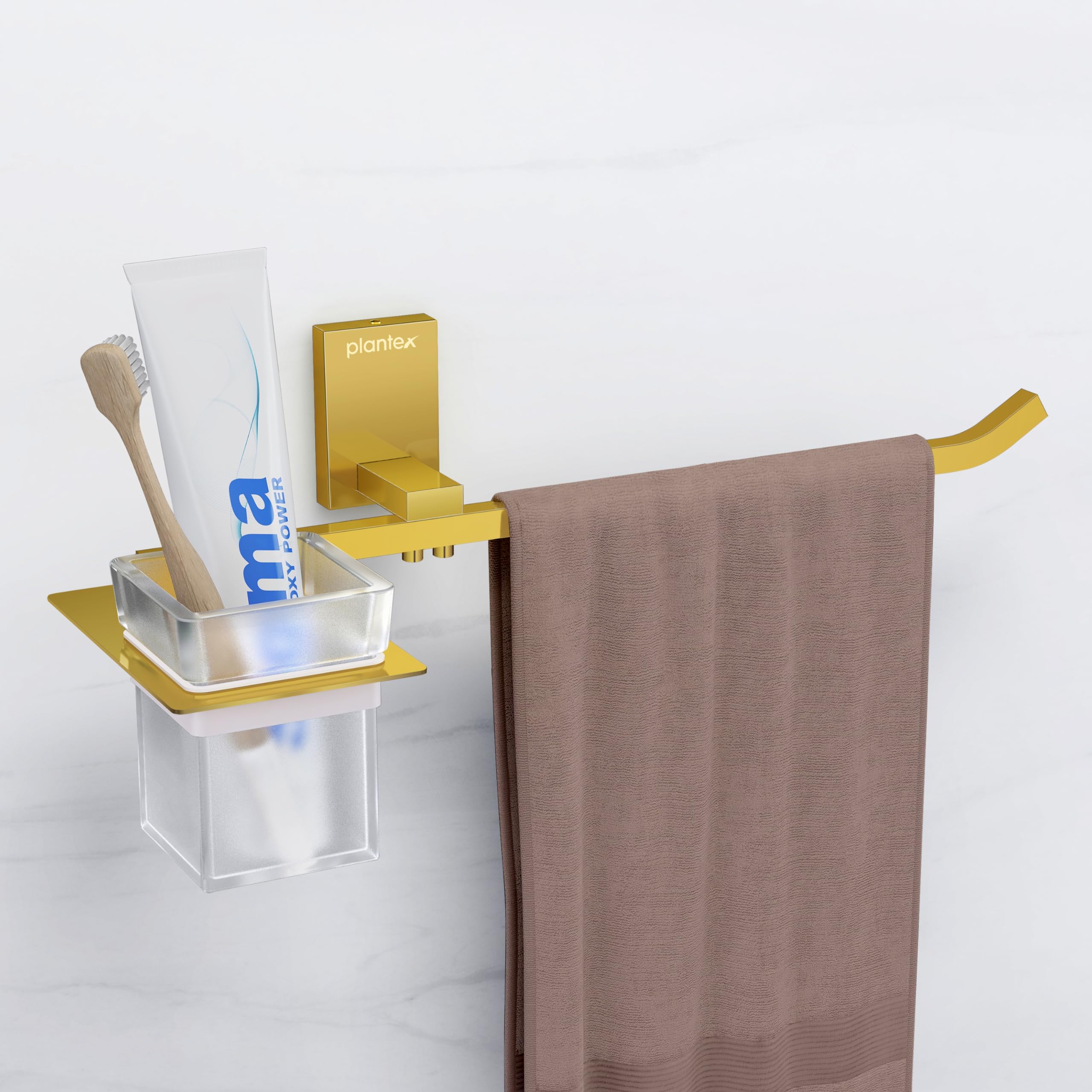 Premium Plantex 304 Stainless Steel Multi-Purpose Holder - Glass Tumbler, Napkin Ring, Toothbrush & Towel Organizer for Bathroom & Kitchen Decor (Crystal PVD Gold Finish) - Ideal for Home, Office & Hotel Use