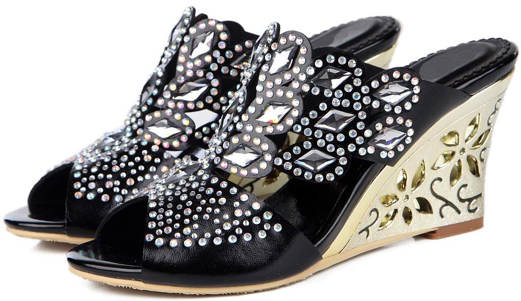 LizFoYa Women's Rhinestone Slip-On Wedge Heel Sandals - Comfortable Casual & Evening Shoes for Summer, Parties, Weddings & Date Nights