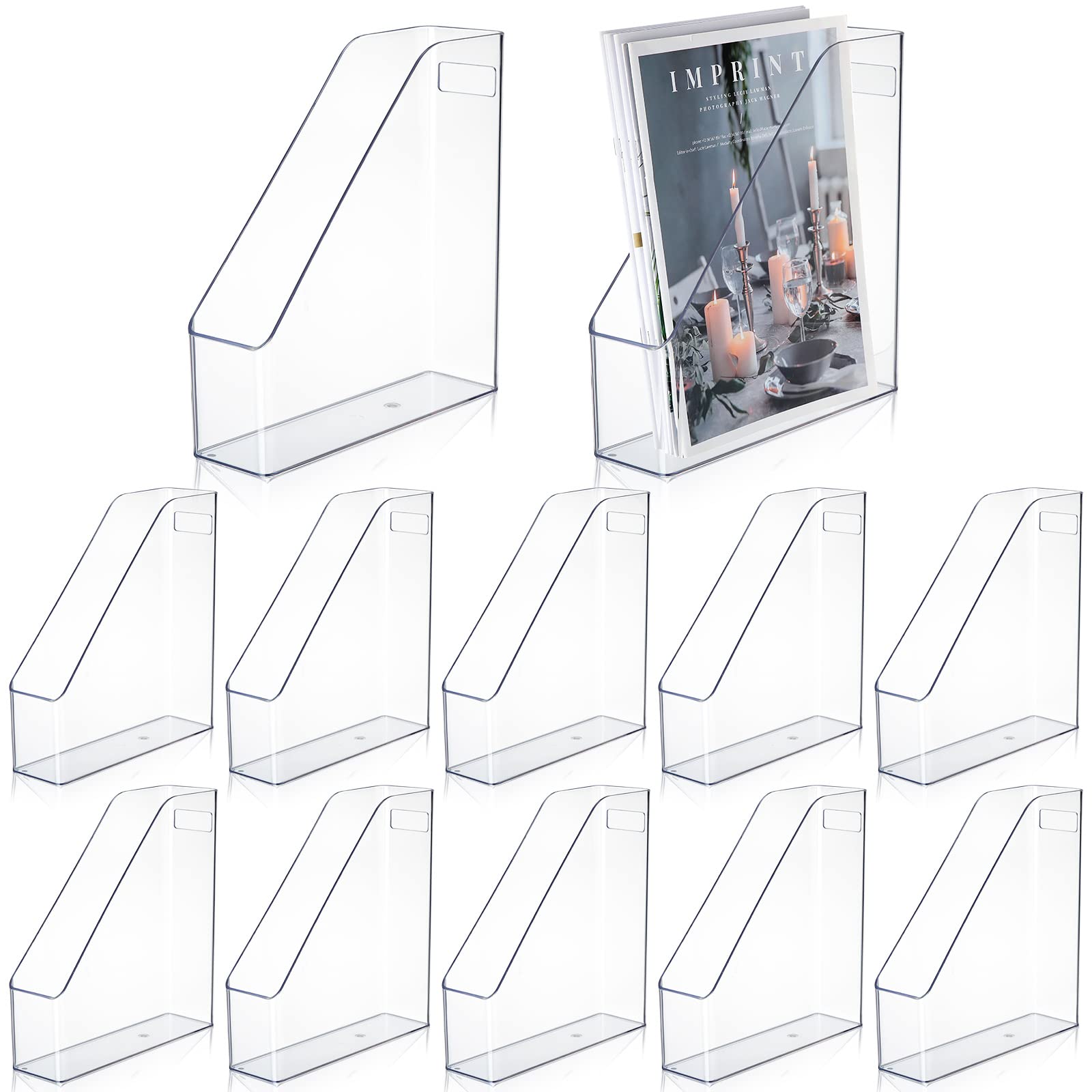 12-Pack Clear Acrylic Magazine File Holders with Handles - Vertical Desk Organizer for Documents, Folders & Supplies - Perfect for Home Office, School Study & Work Desktop Organization (Plastic Storage Rack)