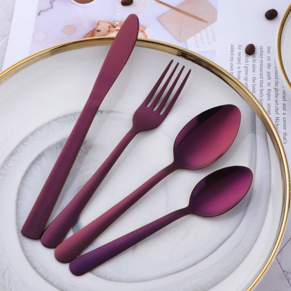 BuyGo 24-Piece Stainless Steel Silverware Set - 6 Place Settings with Knife, Fork, Spoon & Teaspoon in Elegant Purple - Perfect for Dinner Parties, Restaurants & Home Dining