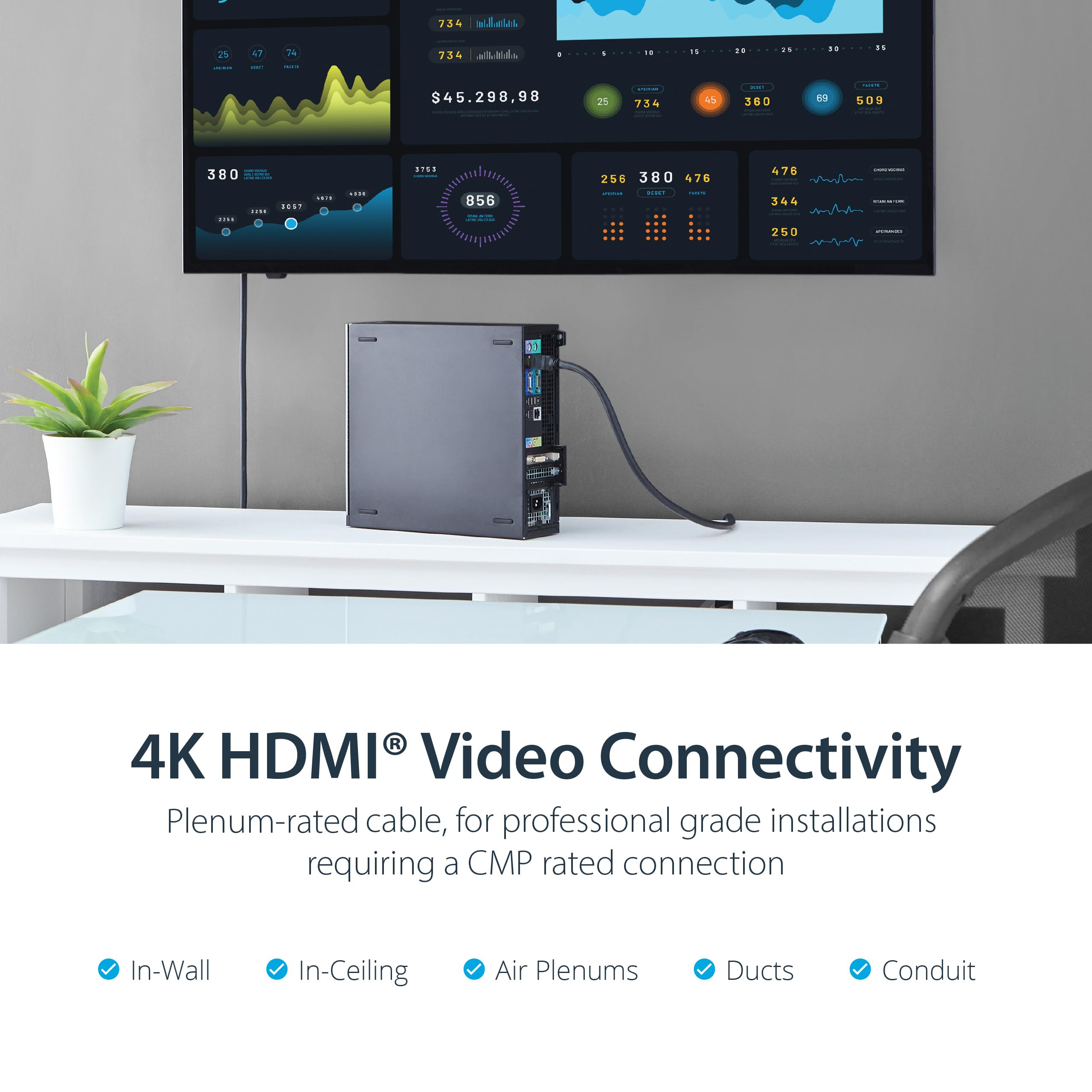 StarTech.com 35ft Plenum Rated HDMI Cable - 4K High Speed HDMI Cord with Ethernet, 4K30 UHD, 10.2Gbps, HDCP 1.4, In-Wall Plenum HDMI 1.4 Display Cable for Home Theater, Gaming, PC to TV & Office Presentations (HDPMM35)