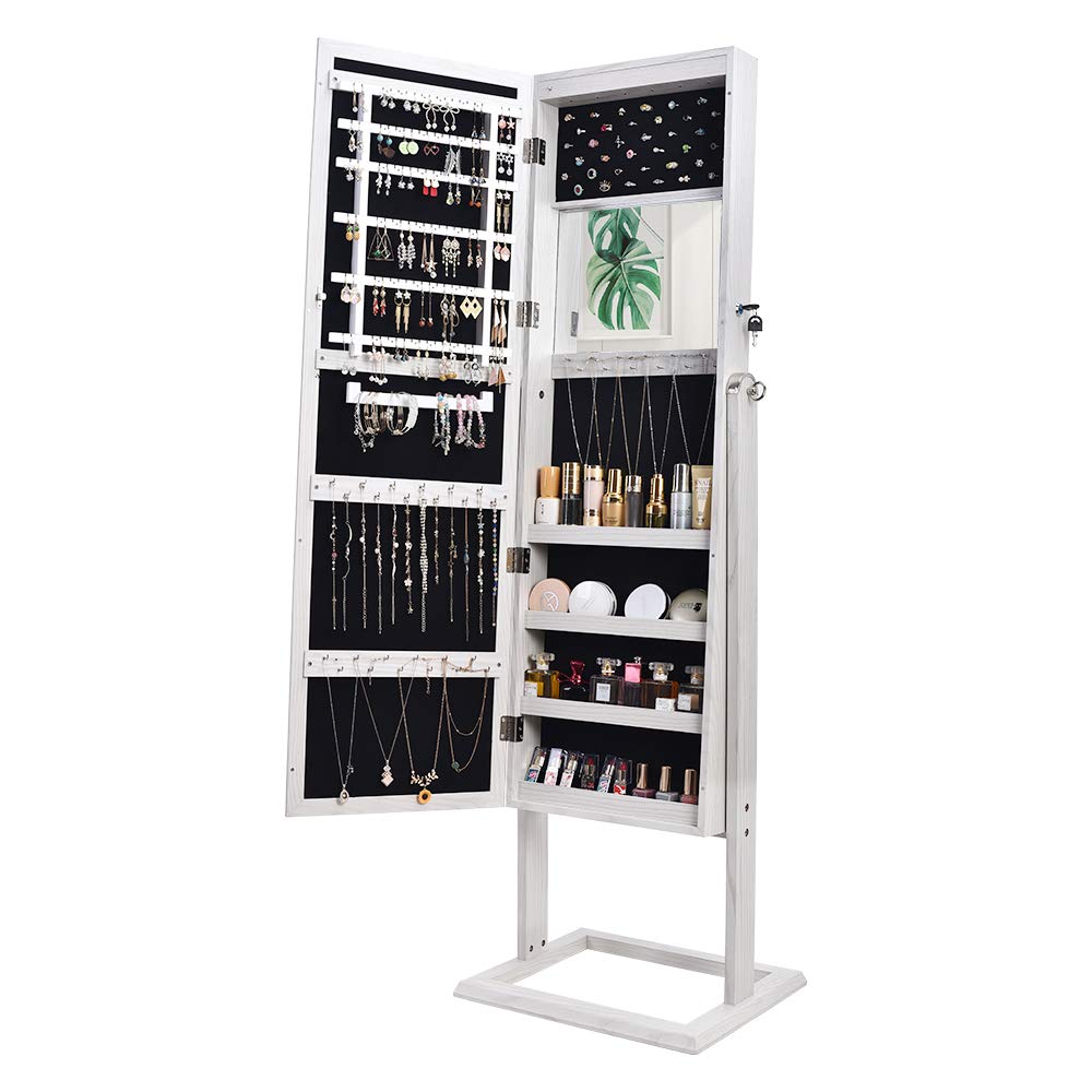 White Jewelry Cabinet with LED Light & Dressing Mirror - Modern Archaize PVC Wood Grain Coating Upright Square Jewelry Storage Organizer for Women | Perfect for Bedroom Vanity, Closet Organization & Jewelry Display