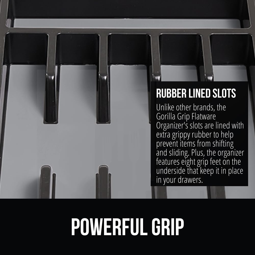 Gorilla Grip Expandable Silverware Organizer for Kitchen Drawers - BPA-Free Adjustable Utensil Tray with Non-Slip Rubber Lining & Grip Feet - Maximize Flatware Storage (Black) | Perfect for Organizing Forks, Spoons & Knives in Home or Restaurant Kitchens