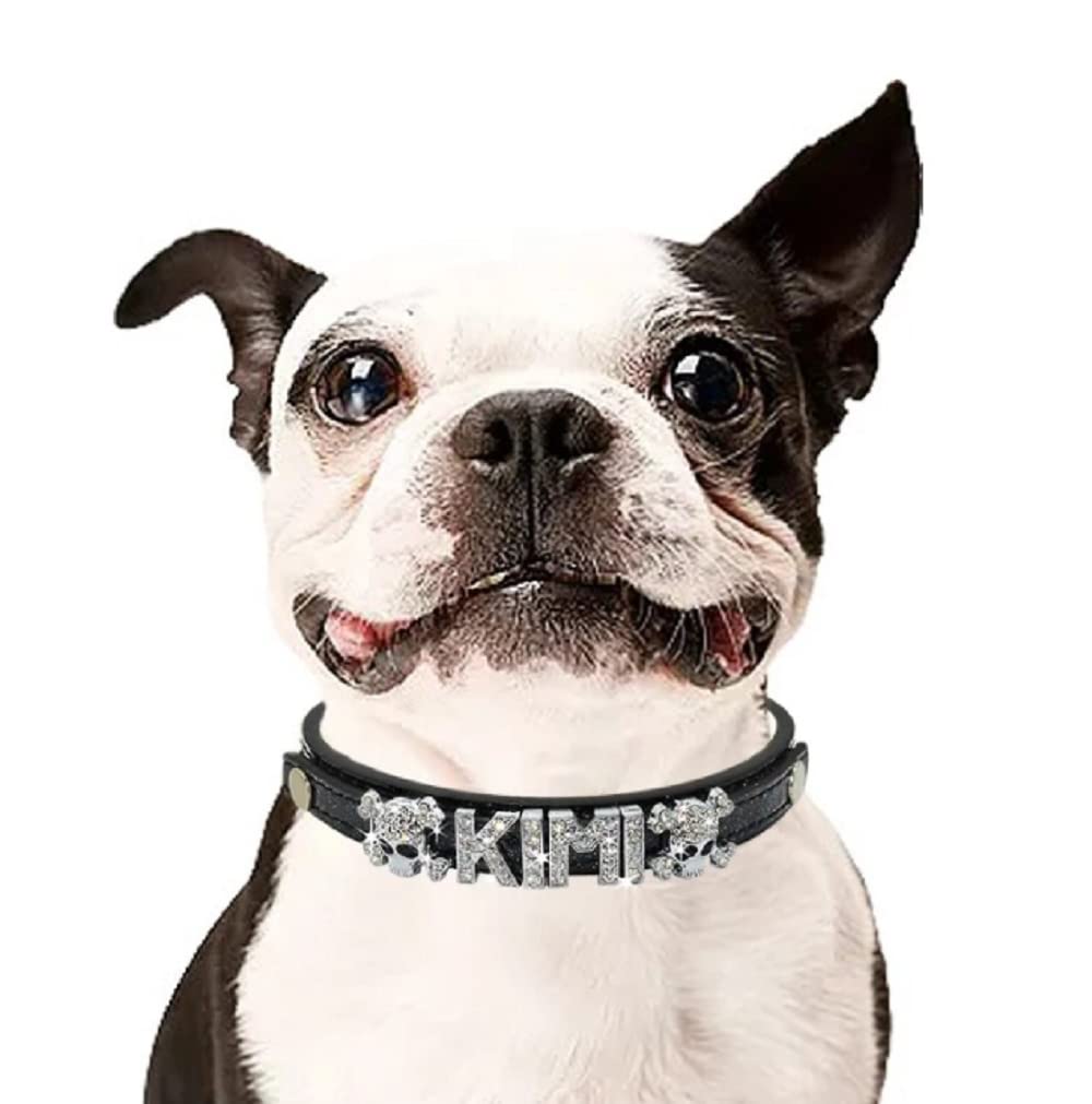 Custom Rhinestone Name Dog Collar with Diamond Charms - Adjustable Leather Pet Collar for Small Medium Large Dogs (X-Small, Black) - Perfect for Puppy Training, Daily Walks & Special Occasions