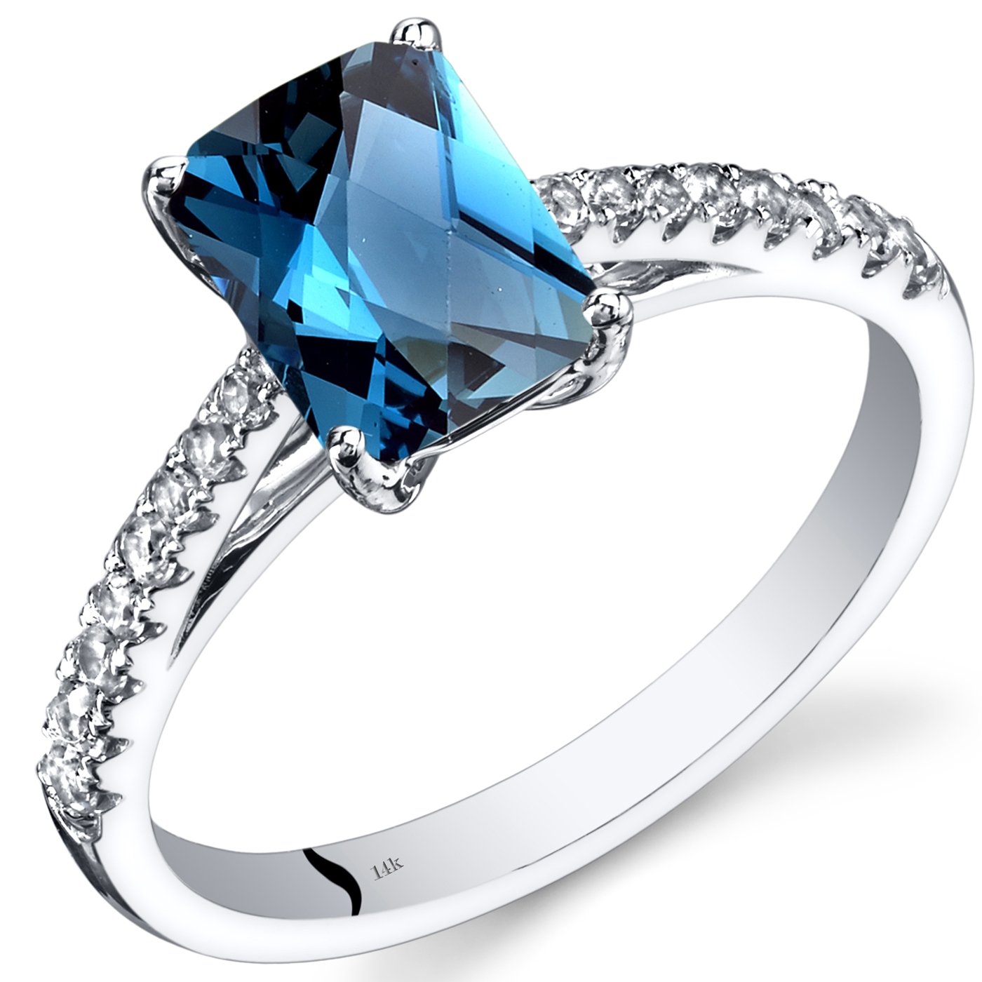 14K White Gold London Blue Topaz & White Topaz Solitaire Ring for Women | Genuine 1.75ct Radiant Cut Gemstone (8x6mm) | Birthstone Jewelry | Sizes 5-9 | Perfect for Anniversary Gifts, Engagement Rings & Special Occasions