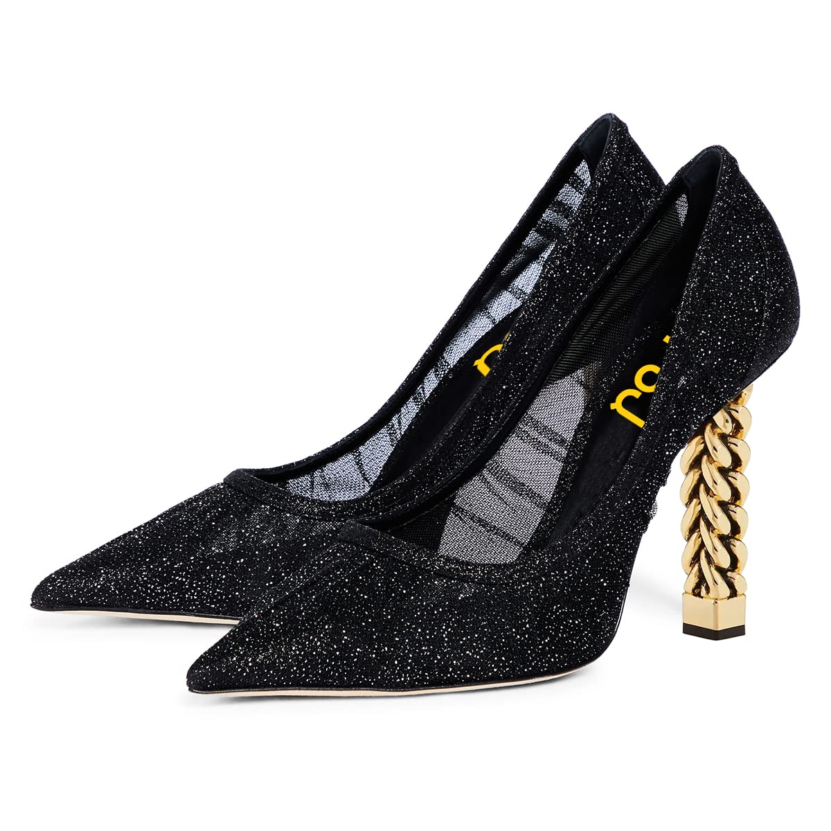 FSJ Women's Gold Metal Chain Chunky High Heel Pointed Toe Slip-On Party Pumps - Prom, Evening, Wedding & Formal Dress Shoes - US Sizes 4-15 - Perfect for Night Out, Club, Cocktail & Special Occasions