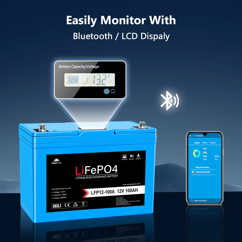 SunGoldPower 12V 100AH LiFePO4 Deep Cycle Lithium Battery with Bluetooth, Self-Heating & IP65 - Perfect for RVs, Solar Systems, Marine & Off-Grid Power Storage - SGP12V100S