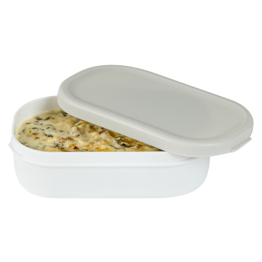 Bento Tek 3 oz White Buddha Box Snack & Sauce Container with Gray Lid - 3.75