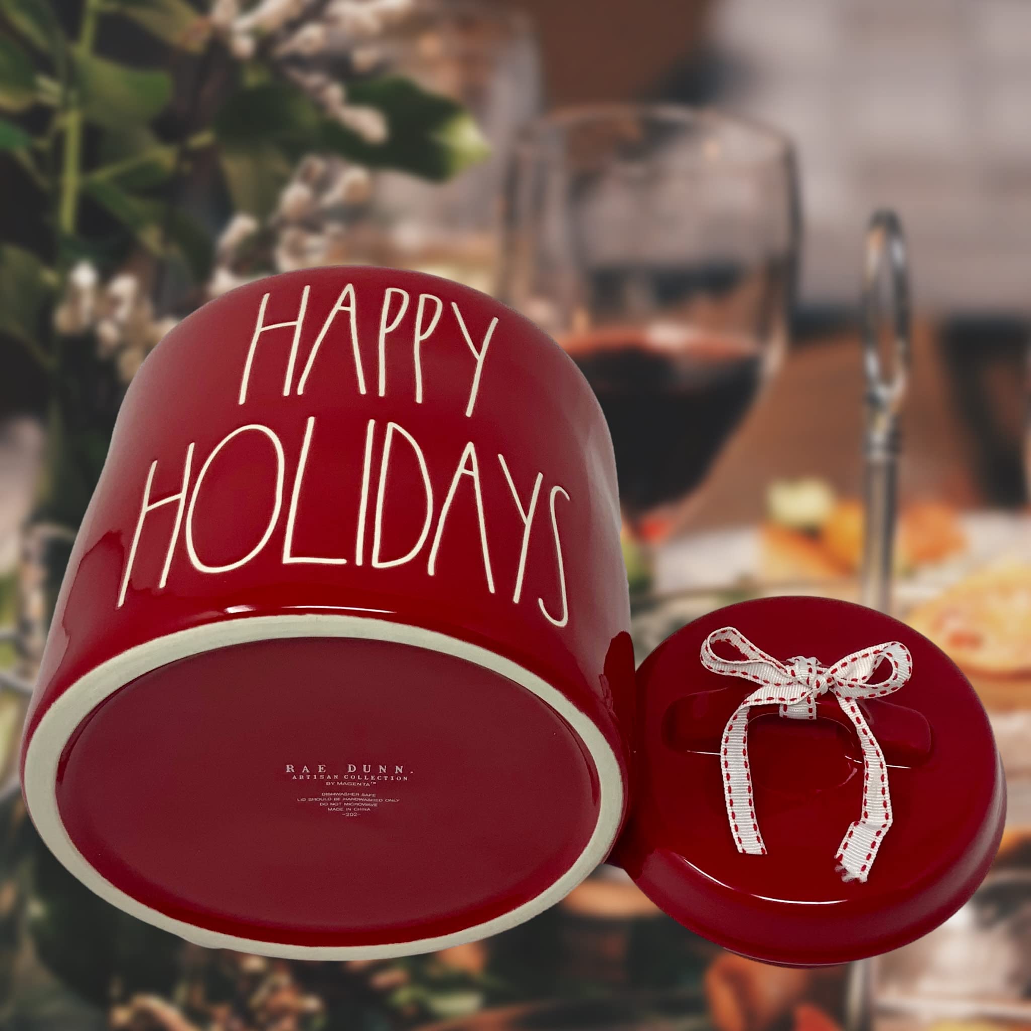 RAE DUNN Happy Holiday Red Christmas Canister - Artisan Collection by Magenta - Ceramic Storage Container for Treats, Candy, Flour & Snacks - Perfect for Holiday Decor & Kitchen Organization