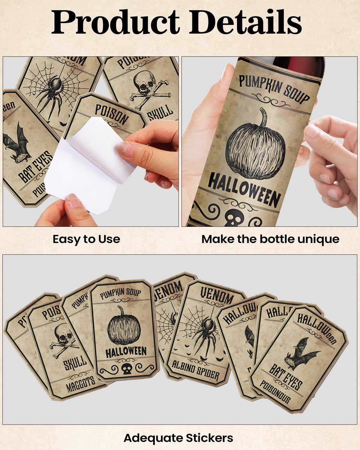 16Pcs Halloween Wine Bottle Labels - Waterproof Wine Wrappers & Stickers for Champagne, Party Decorations - Perfect for Halloween Parties, Themed Events & Gifts for Women & Men