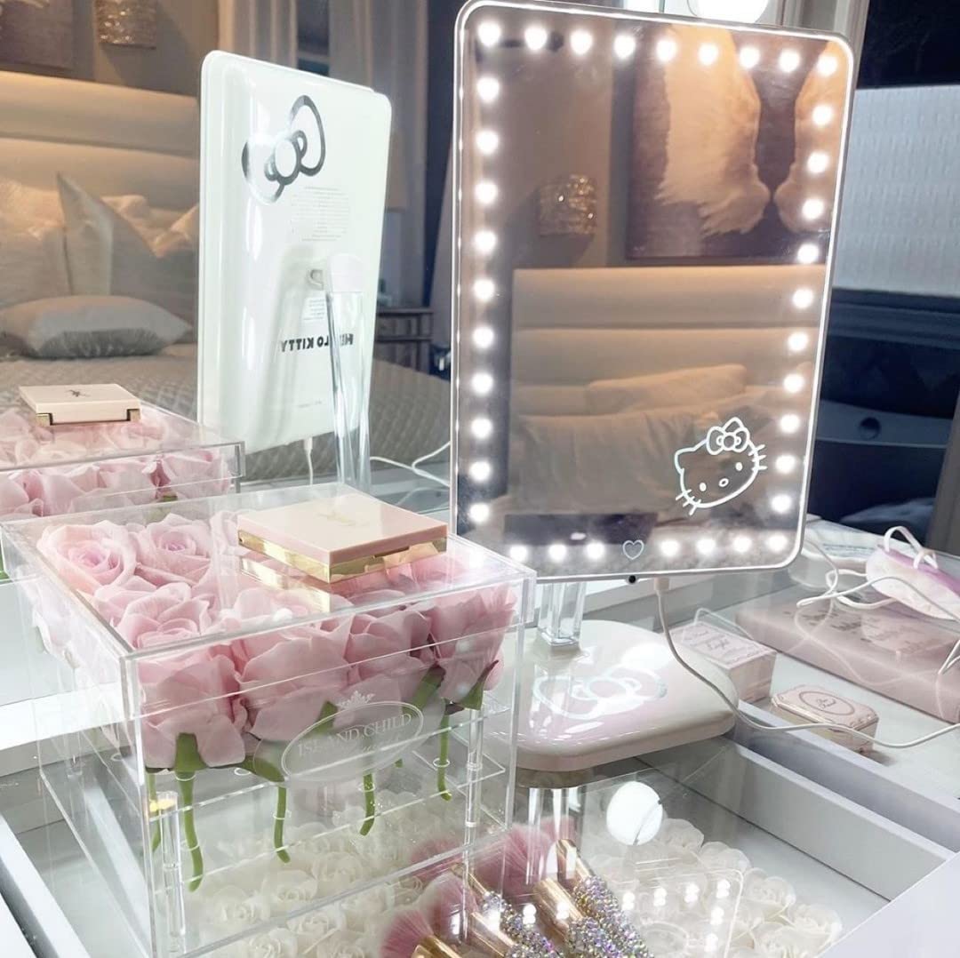 Hello Kitty Touch Pro Makeup Mirror with 360° Rotation, LED Lights & USB Charging - Pearl White Vanity Mirror for Bedroom, Bathroom & Dressing Room | Perfect for Makeup Application, Skincare & Self-Care Routine