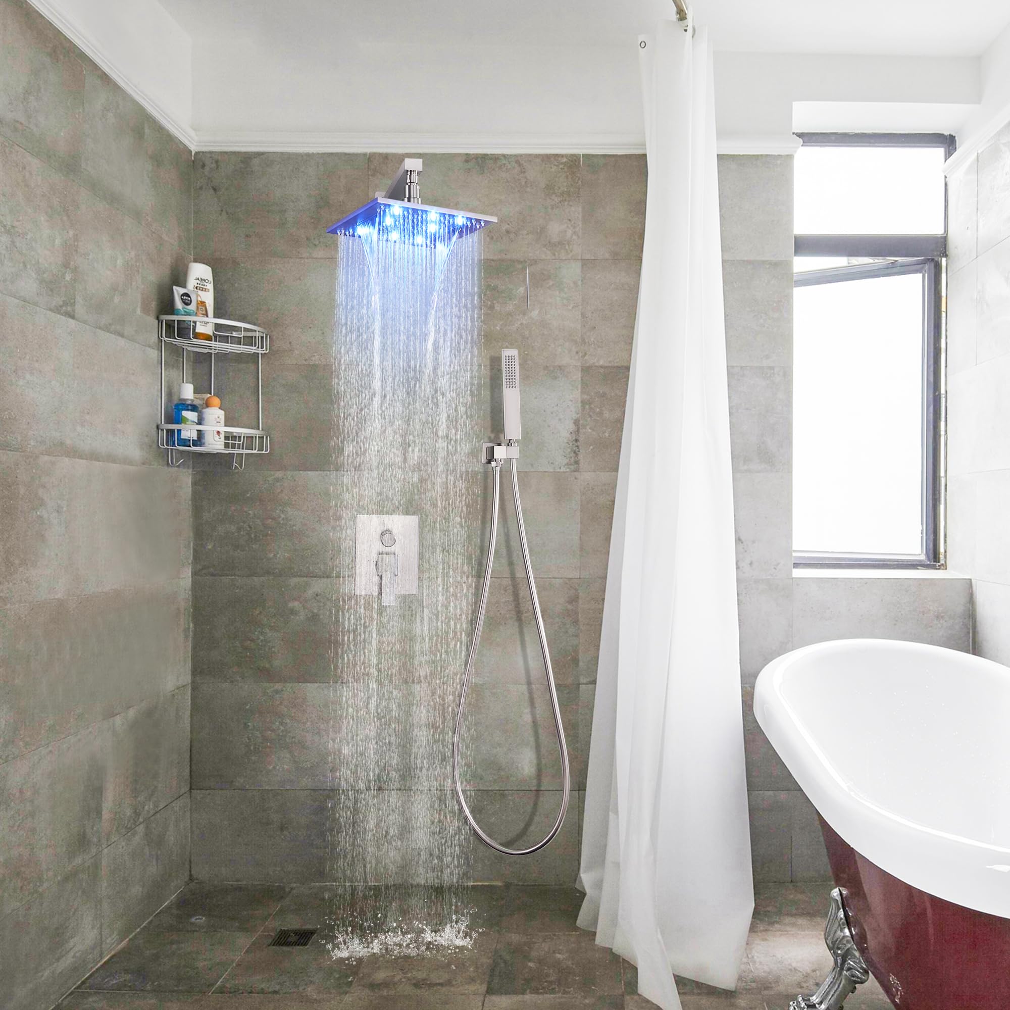 SKOWLL Rainfall Shower System with Handheld Shower Head - 10 Inch Solid Brass Pressure Balancing Mixer Valve, Wall Mounted Shower Combo in Brushed Nickel - Perfect for Luxurious Spa-Like Bathroom Experience & Water-Saving Home Upgrade